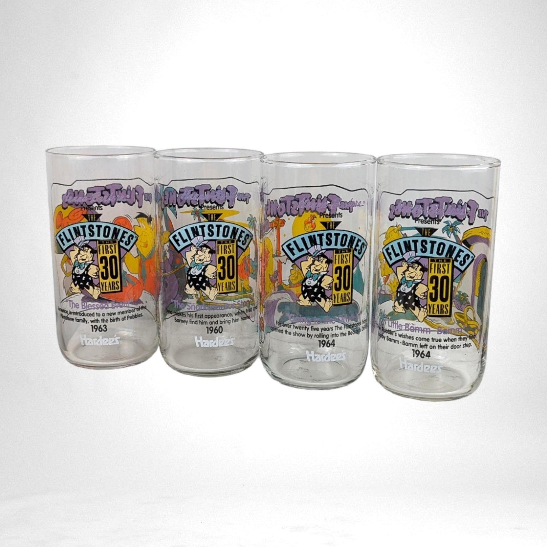 Flintstones Glasses | Set of 4 |  Hardee's 1991 | Fred, Wilma, Barney, Betty