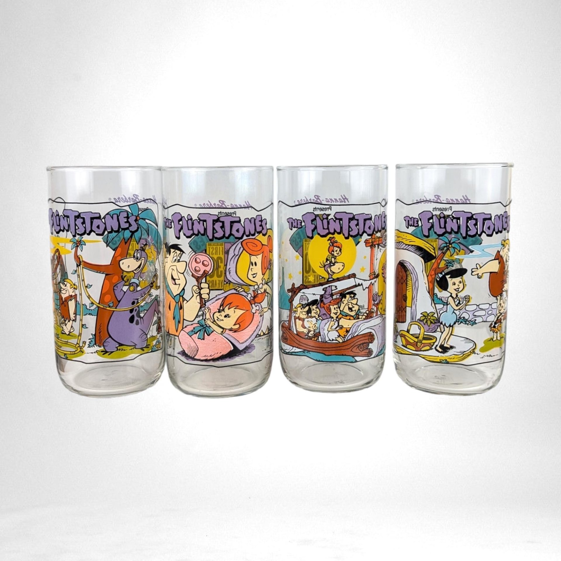Flintstones Glasses | Set of 4 |  Hardee's 1991 | Fred, Wilma, Barney, Betty