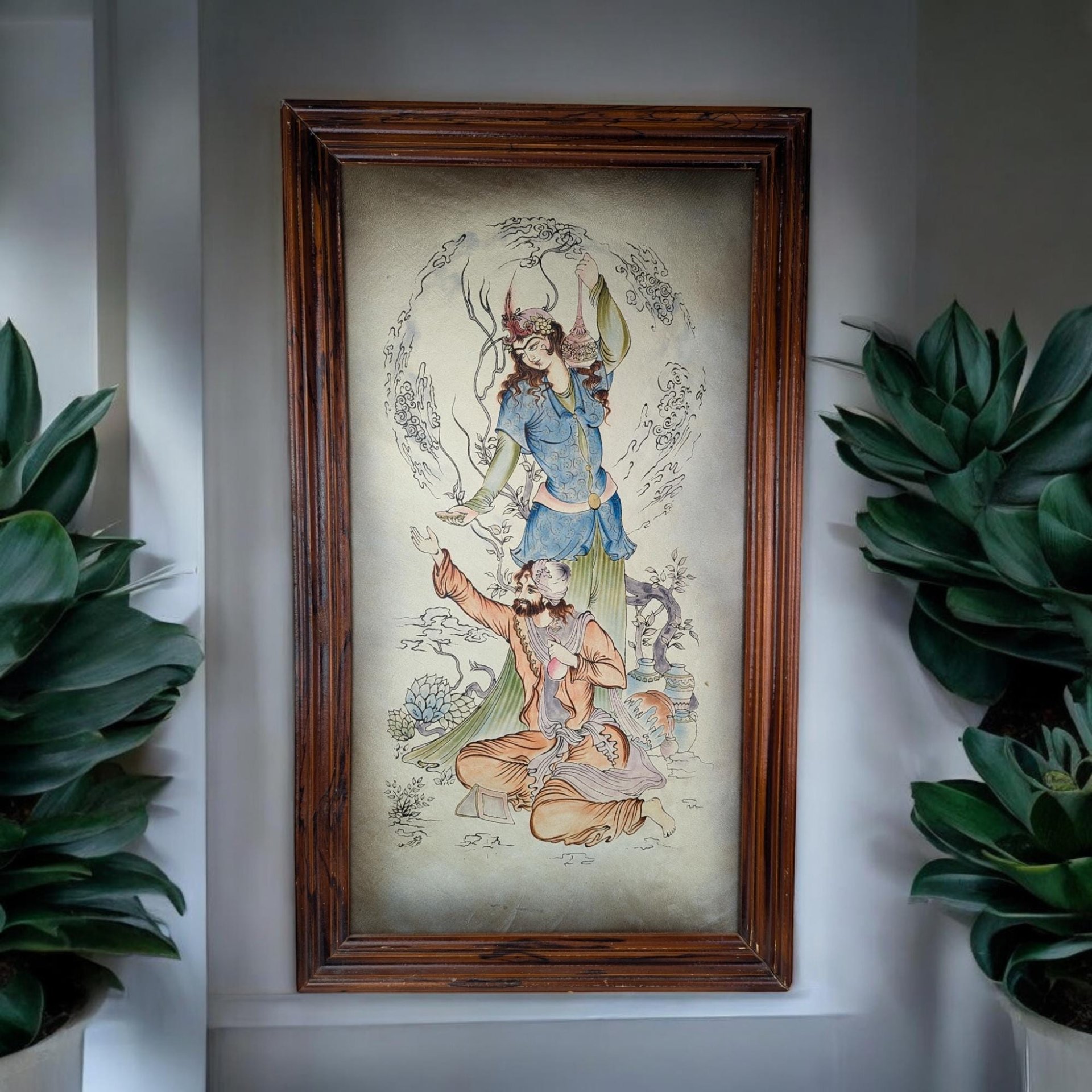 Vintage Framed Persian Painting on Leather | Unique Wall Art | 26.25 x 15"