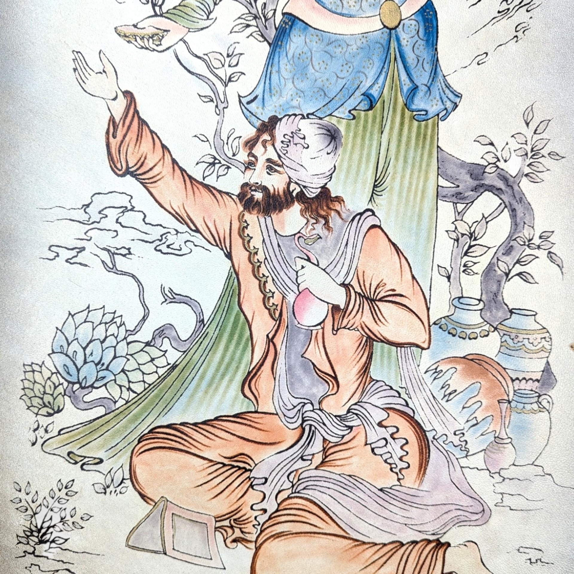 Vintage Framed Persian Painting on Leather | Unique Wall Art | 26.25 x 15"