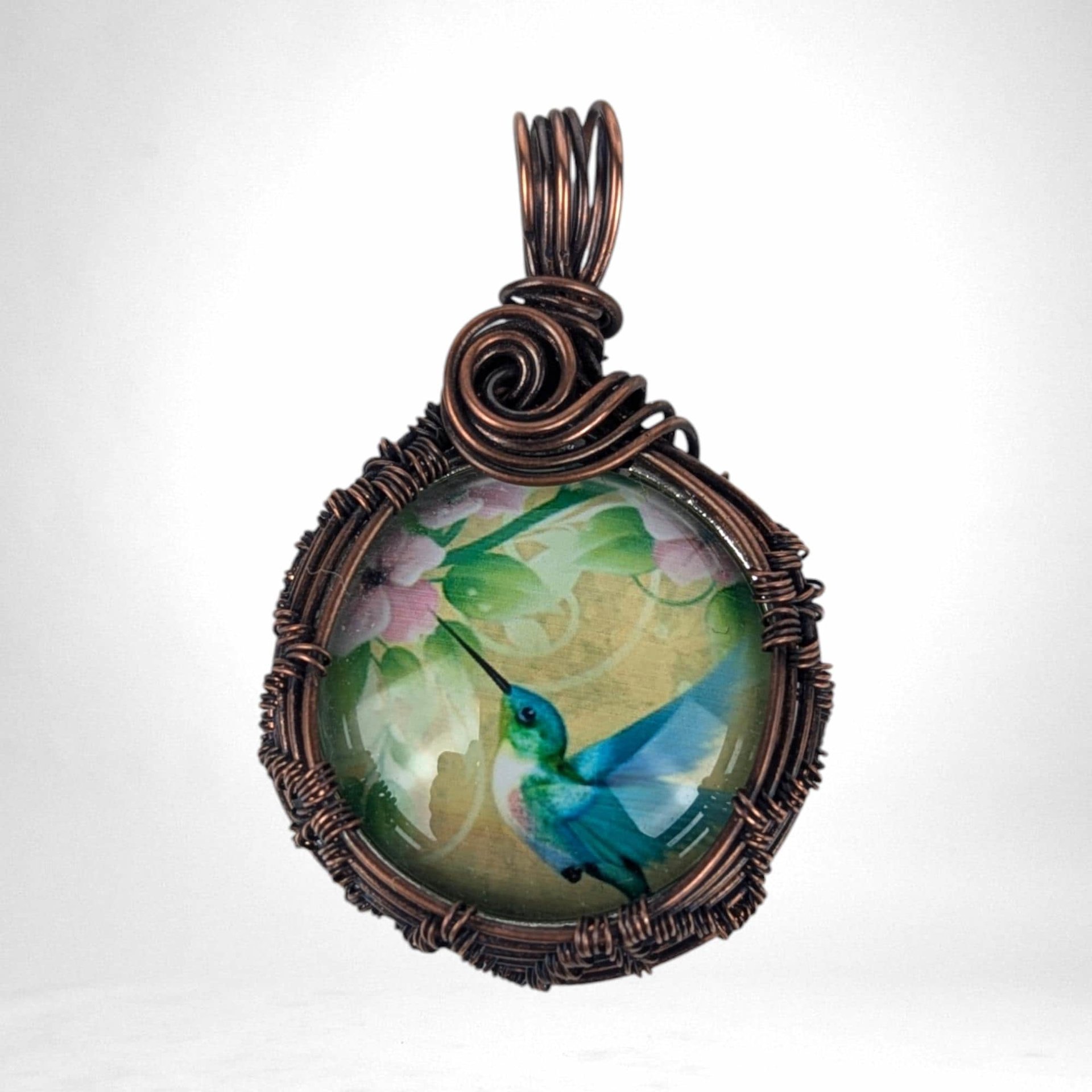 Copper Wire Wrapped Hummingbird Pendant | Blue Hummingbird & Pink Flowers | Picture Cabochon | Unique Gift
