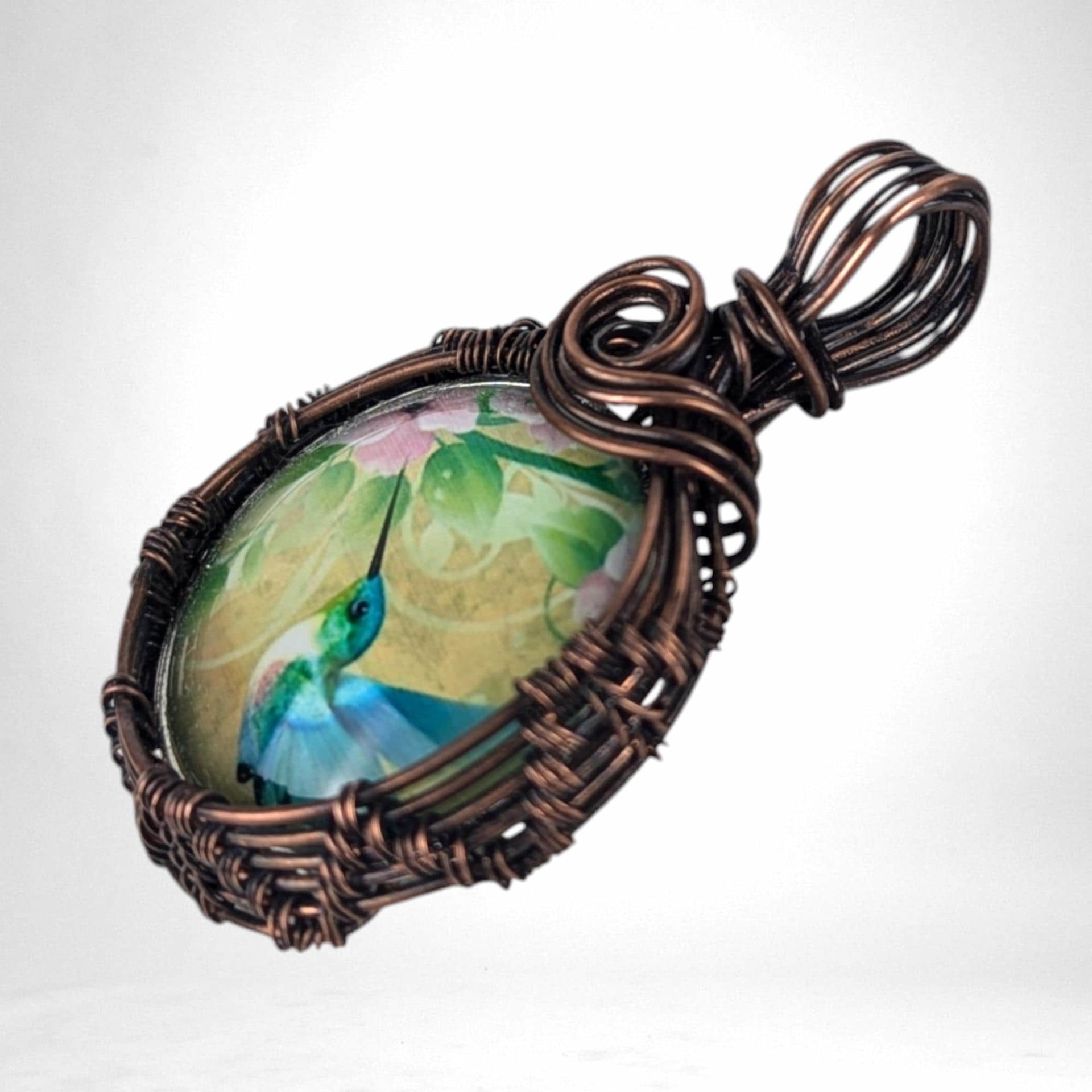 Copper Wire Wrapped Hummingbird Pendant | Blue Hummingbird & Pink Flowers | Picture Cabochon | Unique Gift