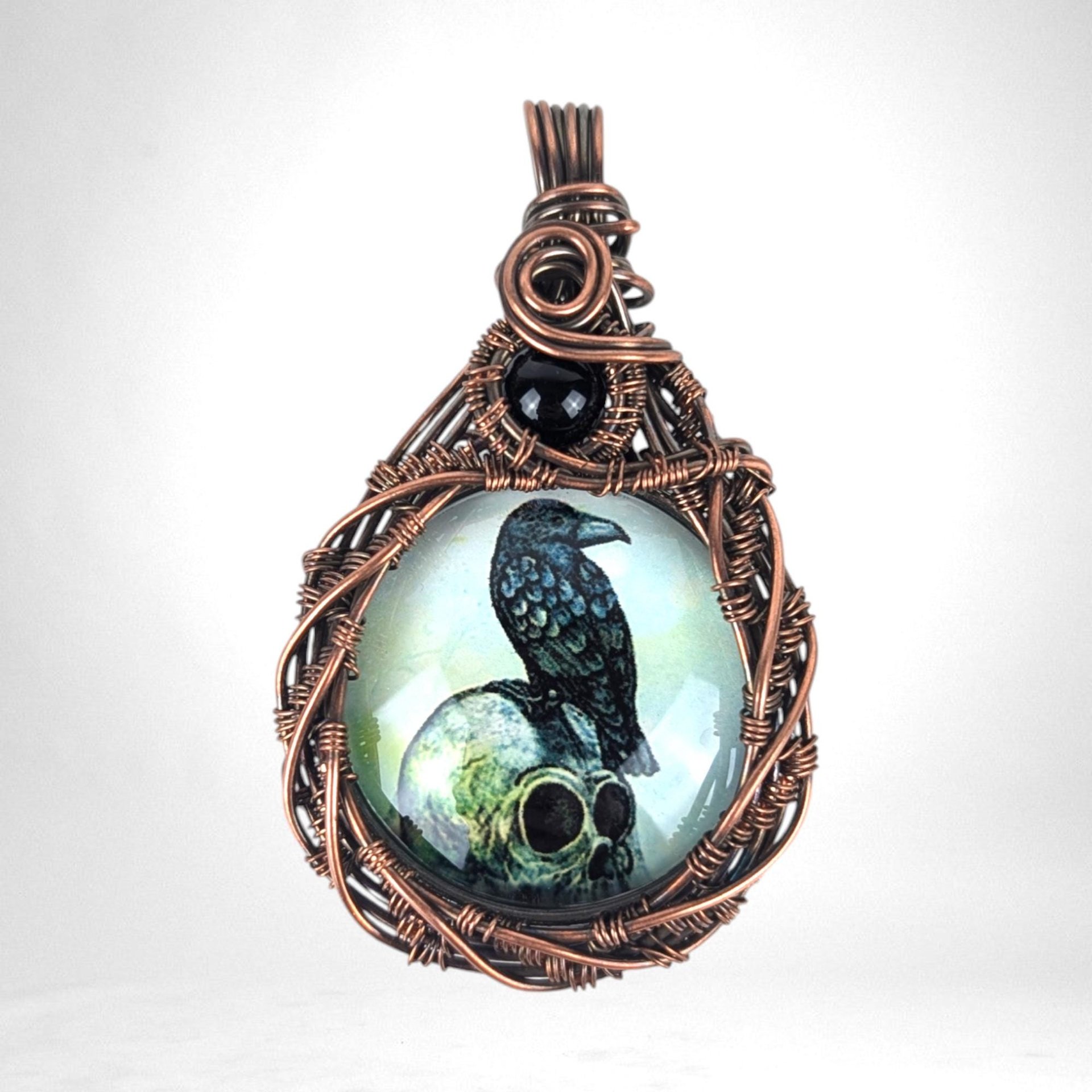 Copper Wire Wrapped Pendant with Raven and Skull | Unique Gothic Jewelry | Handmade Statement Necklace | Dark Aesthetic Accessory