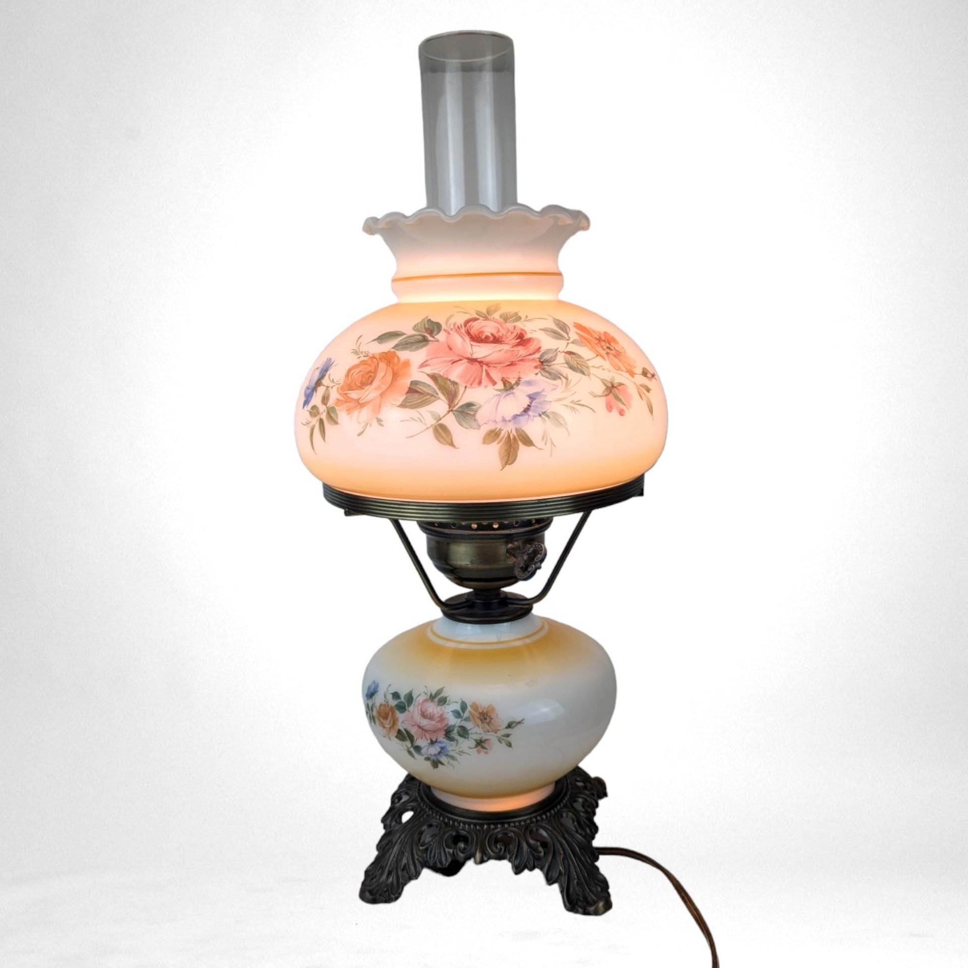 Vintage L&L WMC Floral Hurricane Lamp, 1970s Gone With The Wind Style