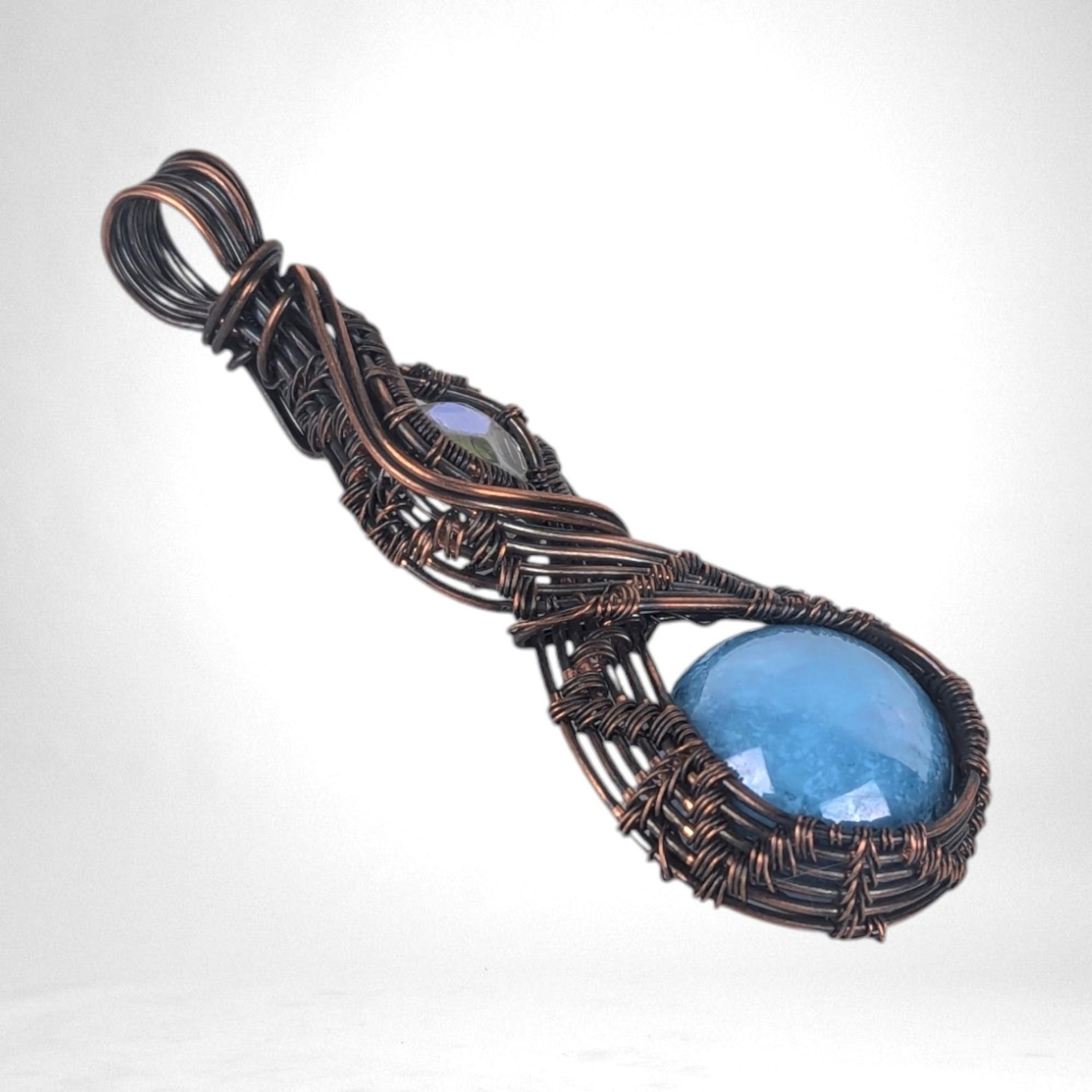 Artisan Copper Wire Wrapped Pendant, Czech Glass Cabochon, Unique Jewelry Gift