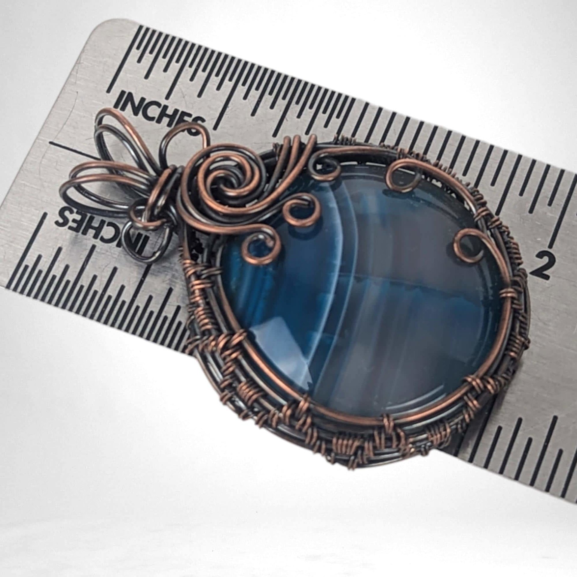 Handmade Copper Wire Wrapped Blue Striped Agate Pendant | Unique Gift | Rustic Elegance | Natural Beauty | Bohemian Style