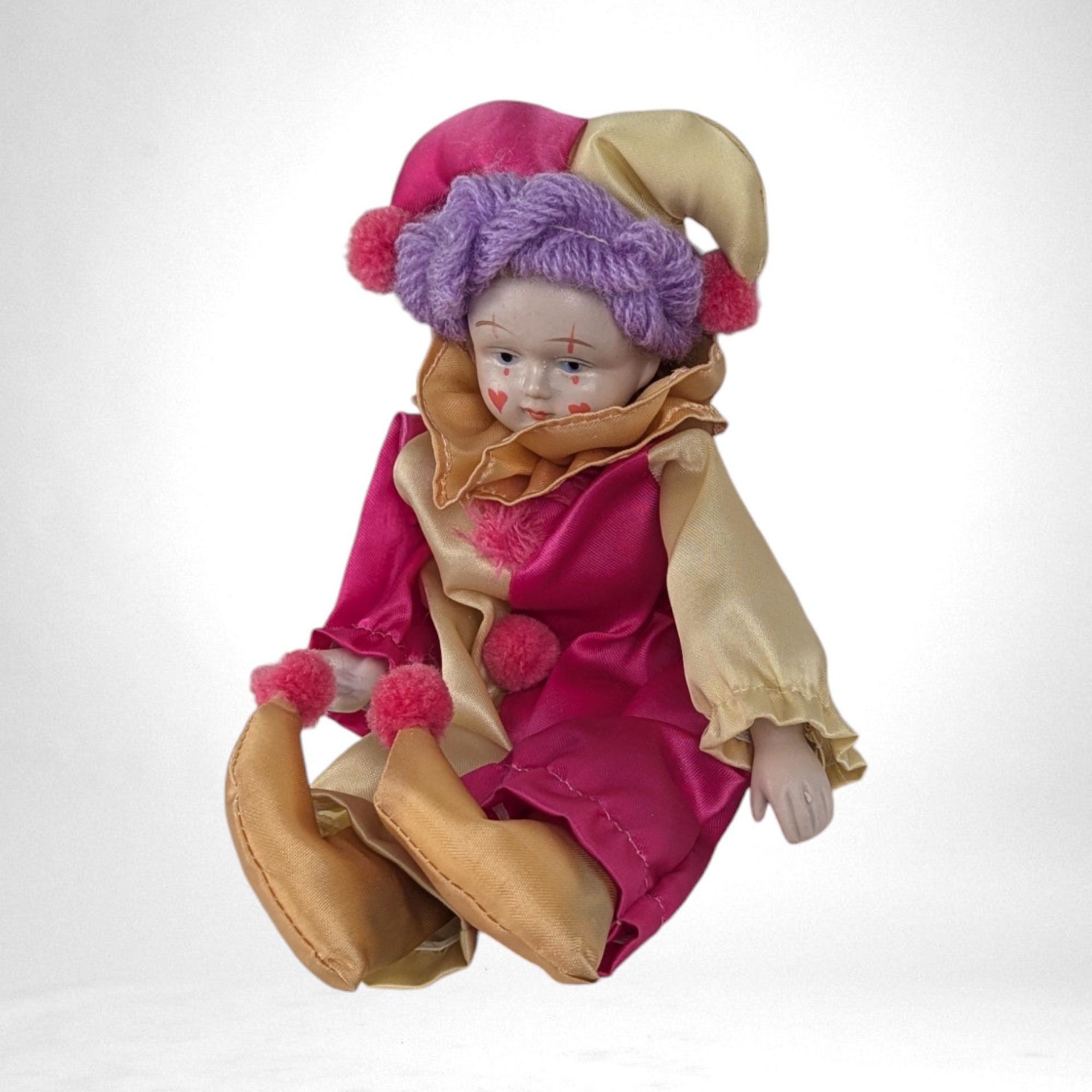 Vintage Pink and Gold Clown Doll with Hearts on Face - 9" Tall - Quirky Collectible - Playful Decor