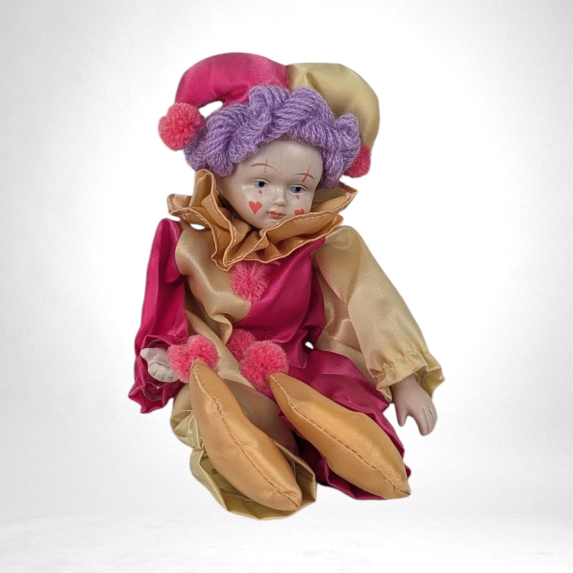 Vintage Pink and Gold Clown Doll with Hearts on Face - 9" Tall - Quirky Collectible - Playful Decor
