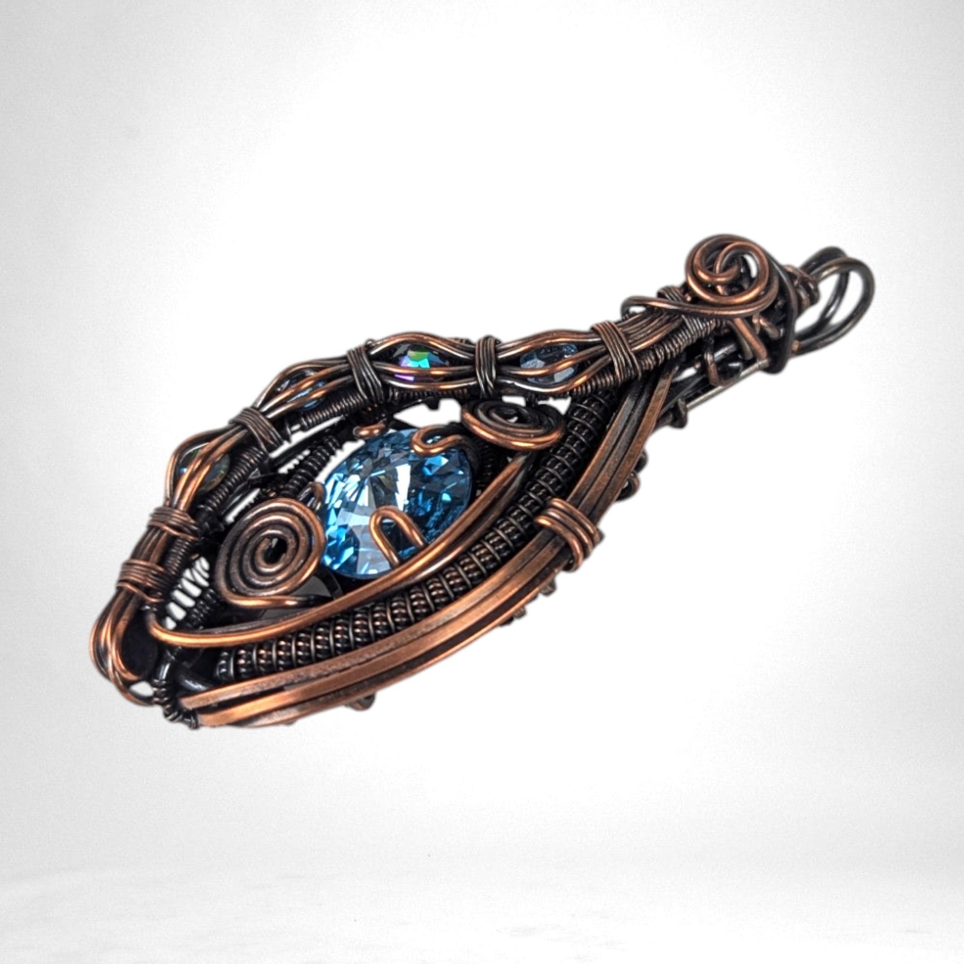 Handmade Copper Wire Wrapped Pendant with Blue Crystal, Blue Rivoli Crystal Jewelry, Artisan Pendant, Statement Pendant, Gift for Her