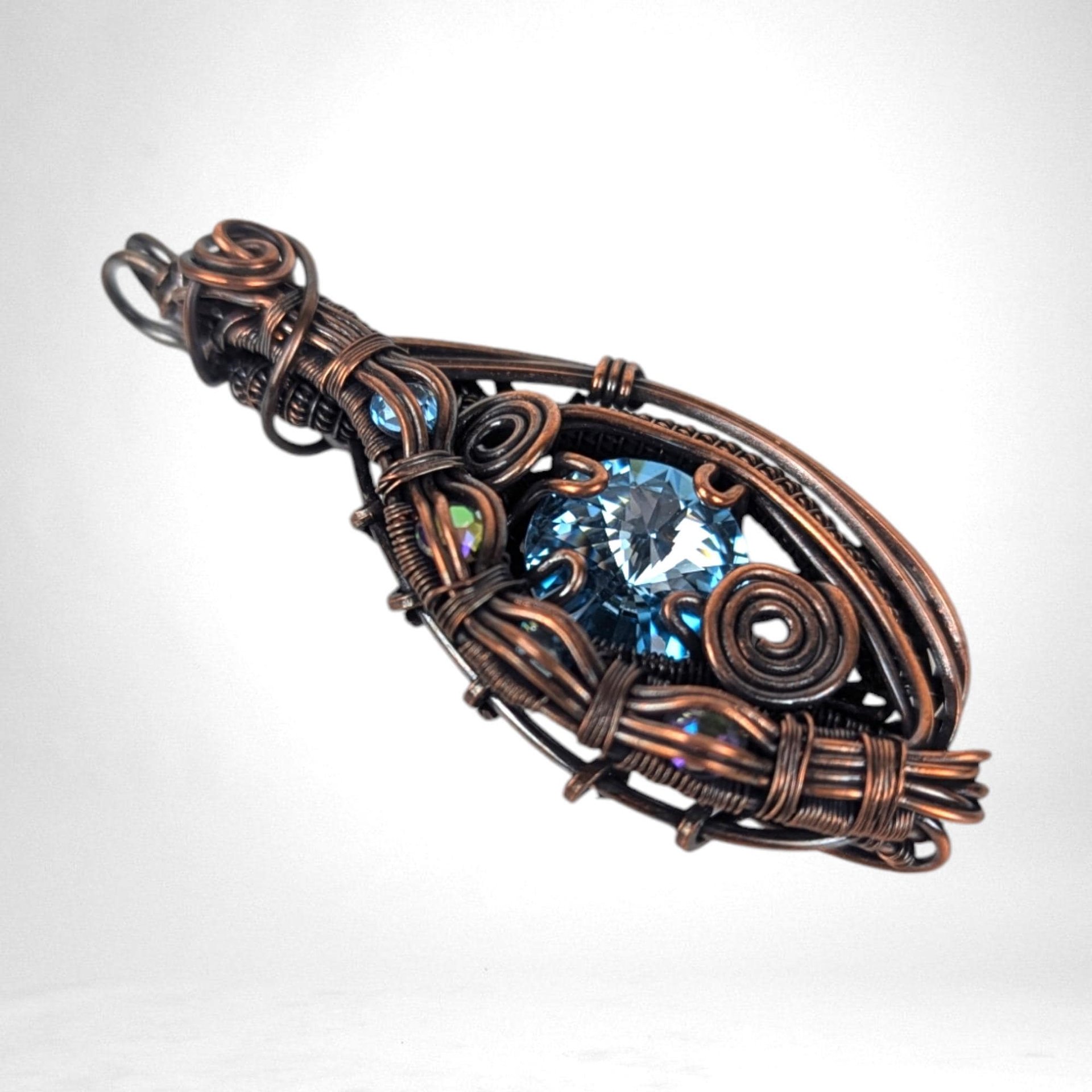 Handmade Copper Wire Wrapped Pendant with Blue Crystal, Blue Rivoli Crystal Jewelry, Artisan Pendant, Statement Pendant, Gift for Her
