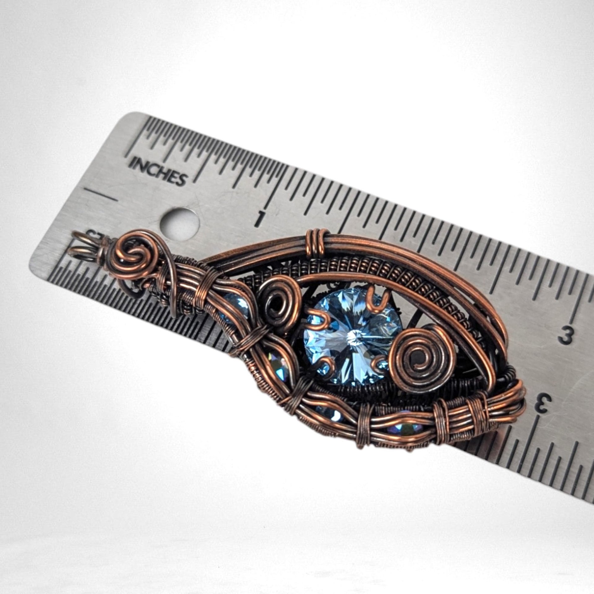 Handmade Copper Wire Wrapped Pendant with Blue Crystal, Blue Rivoli Crystal Jewelry, Artisan Pendant, Statement Pendant, Gift for Her