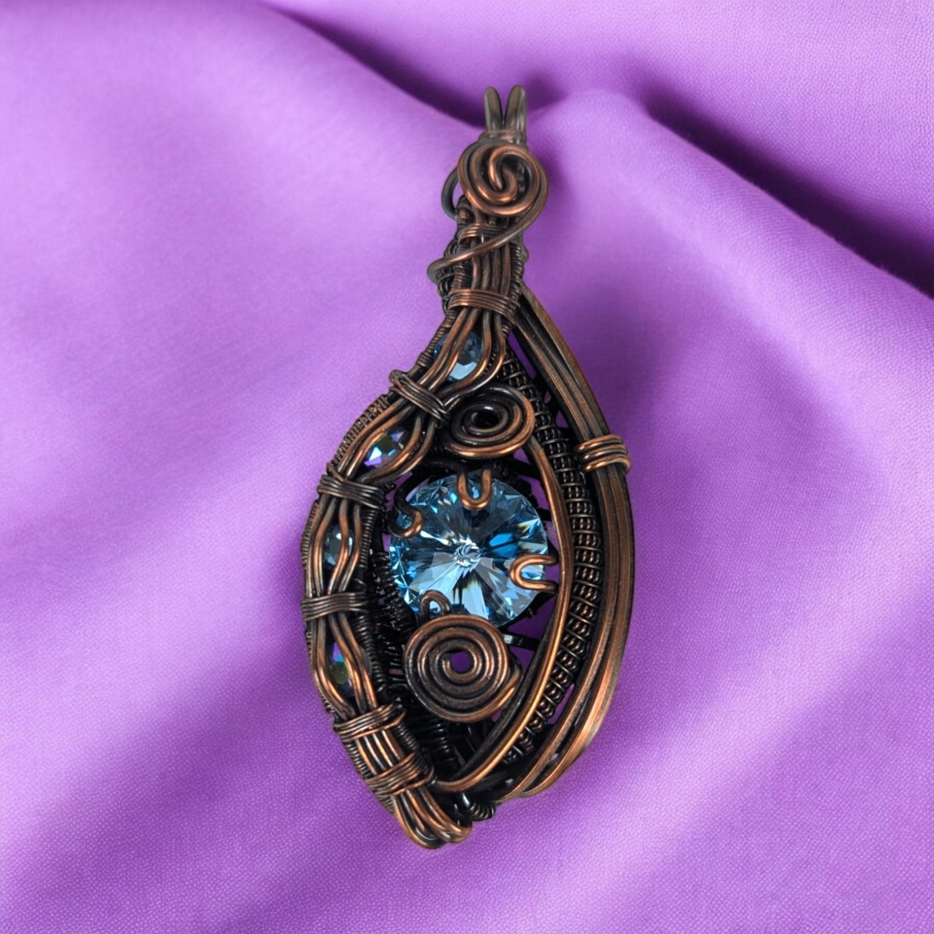 Handmade Copper Wire Wrapped Pendant with Blue Crystal, Blue Rivoli Crystal Jewelry, Artisan Pendant, Statement Pendant, Gift for Her