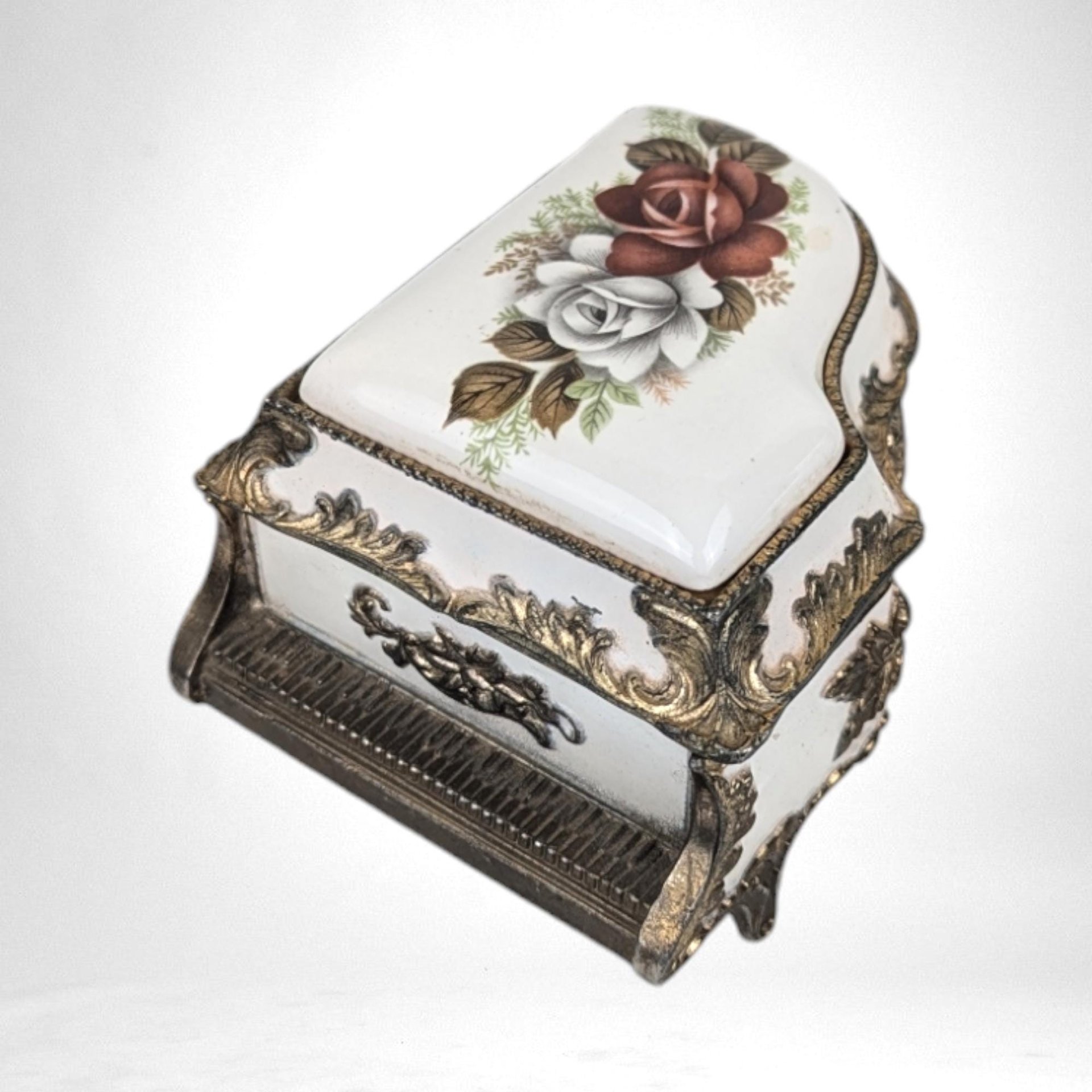 Vintage Metal Piano Music Box | Floral Decor | Plays "The Entertainer" | Collectible Music Box | Gift for Music Lovers