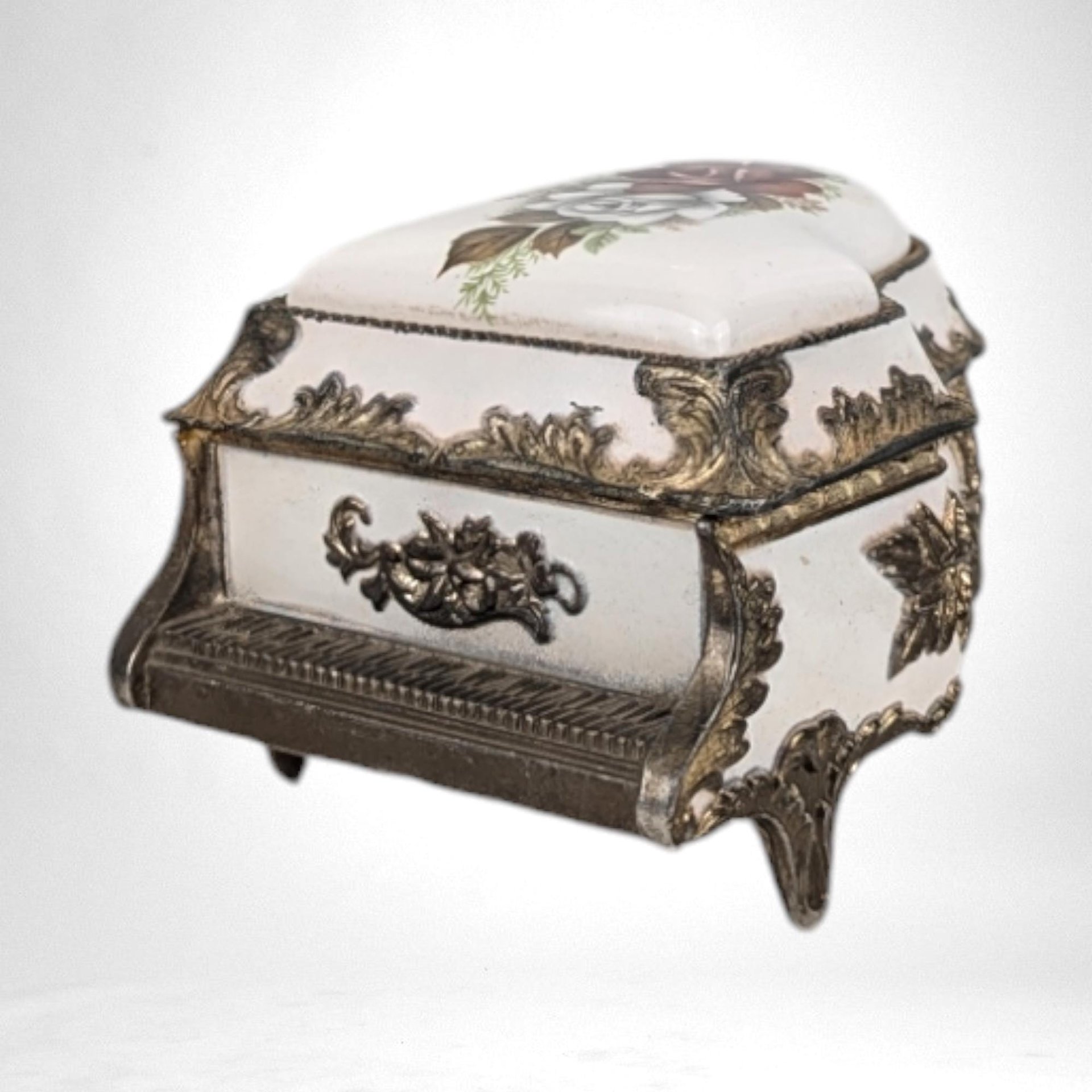 Vintage Metal Piano Music Box | Floral Decor | Plays "The Entertainer" | Collectible Music Box | Gift for Music Lovers