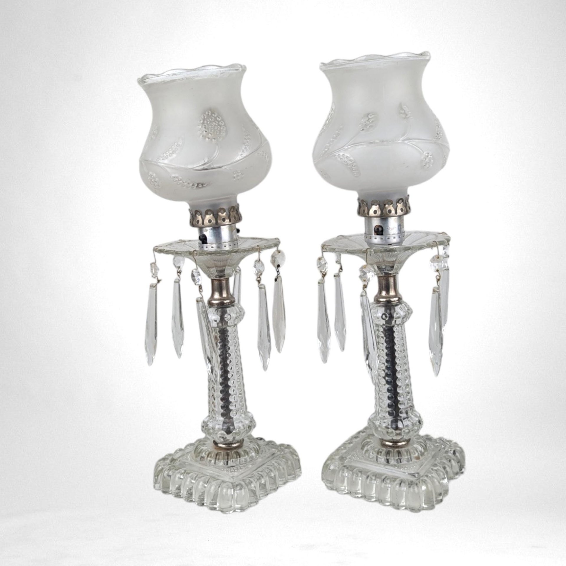 Vintage Pair of Glass Boudoir Lamps with Crystals | Romantic Bedroom Lighting | Bedside Table Lamps