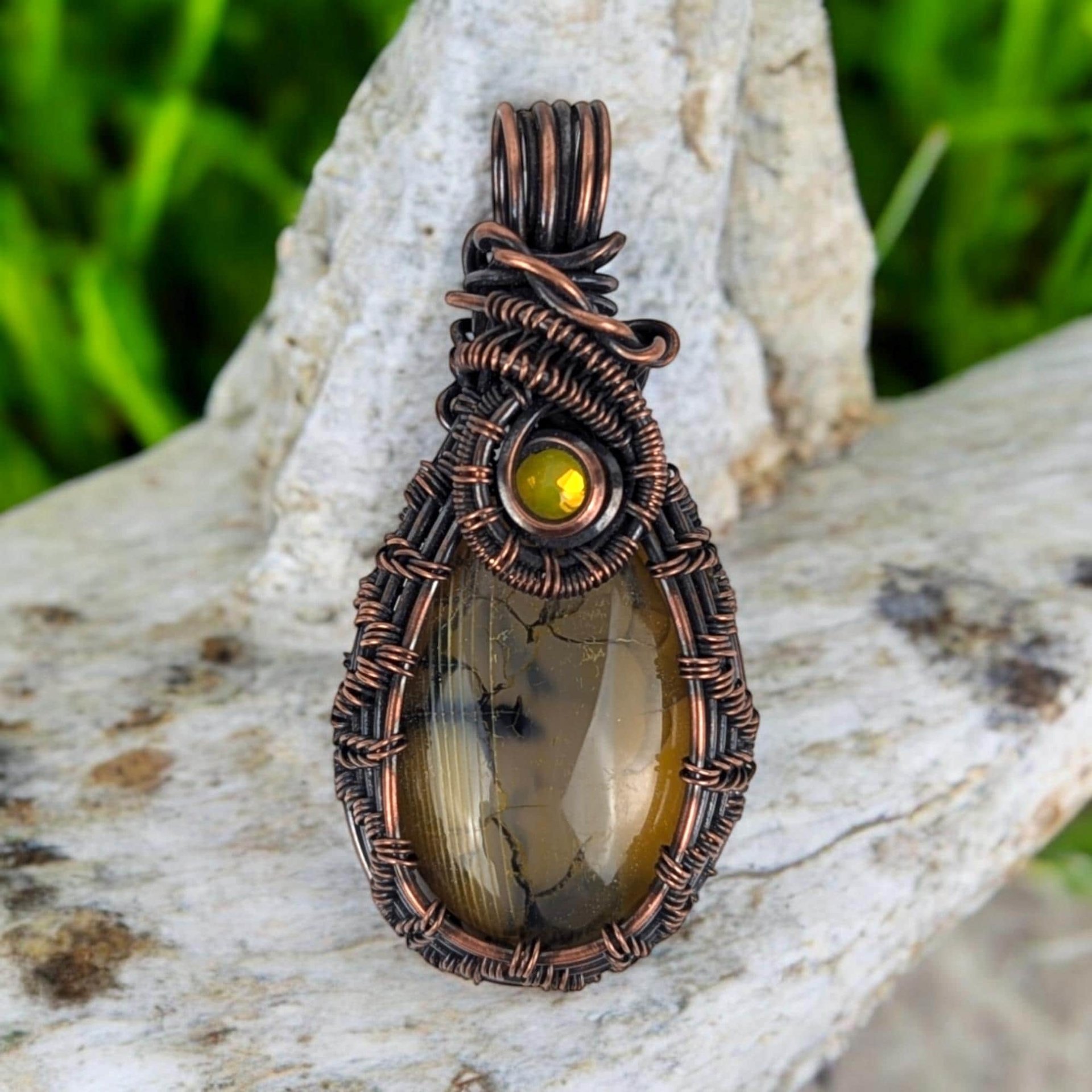 Handmade Copper Wire Wrapped Dragon Vein Agate Pendant | Yellow Accent | Unique Gift | Oxidized Copper | Gemstone Pendant