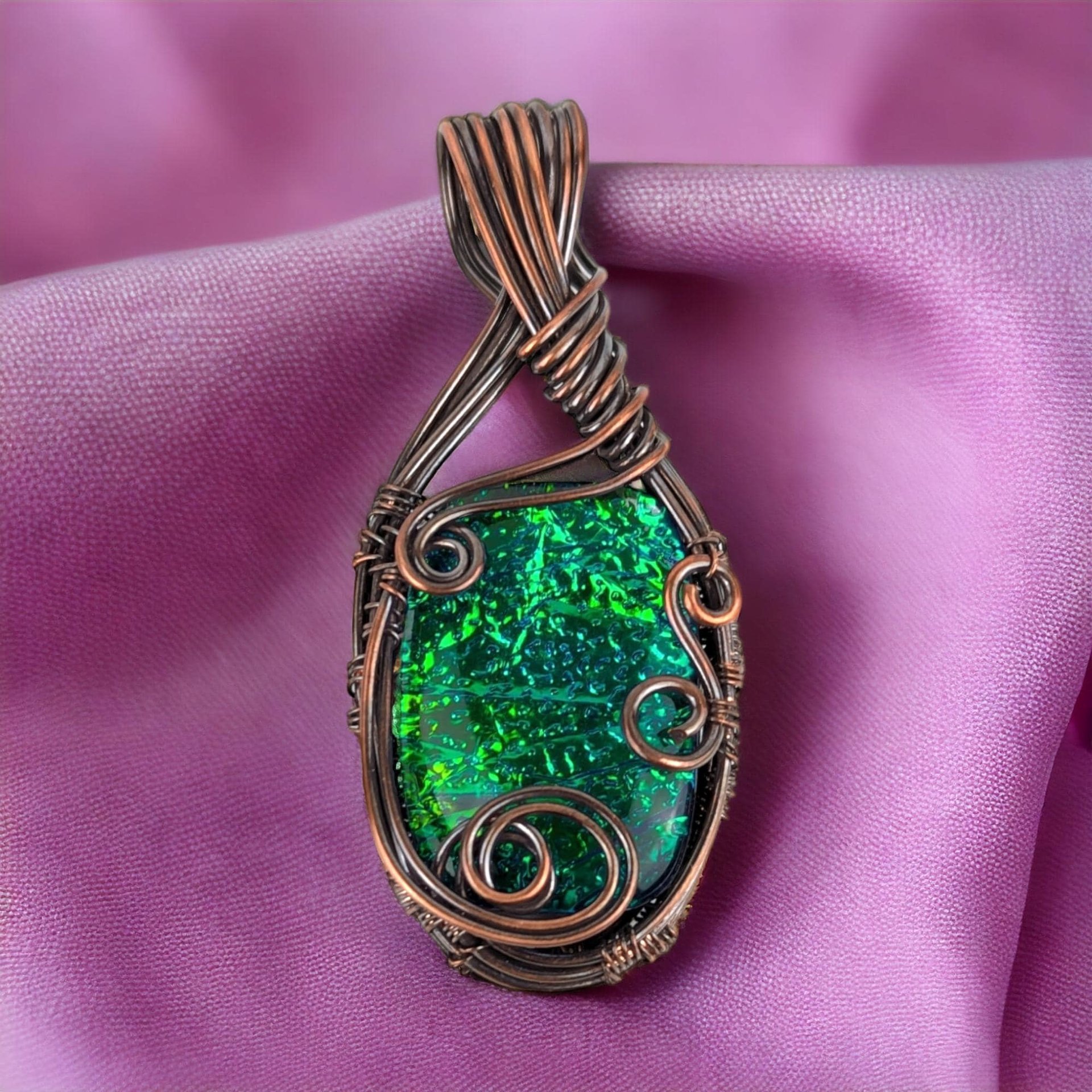 Handmade Copper Wire Wrapped Immitation Opal Glass Pendant, One-of-a-Kind Artisan Jewelry, Antiqued & Polished, Boho Statement