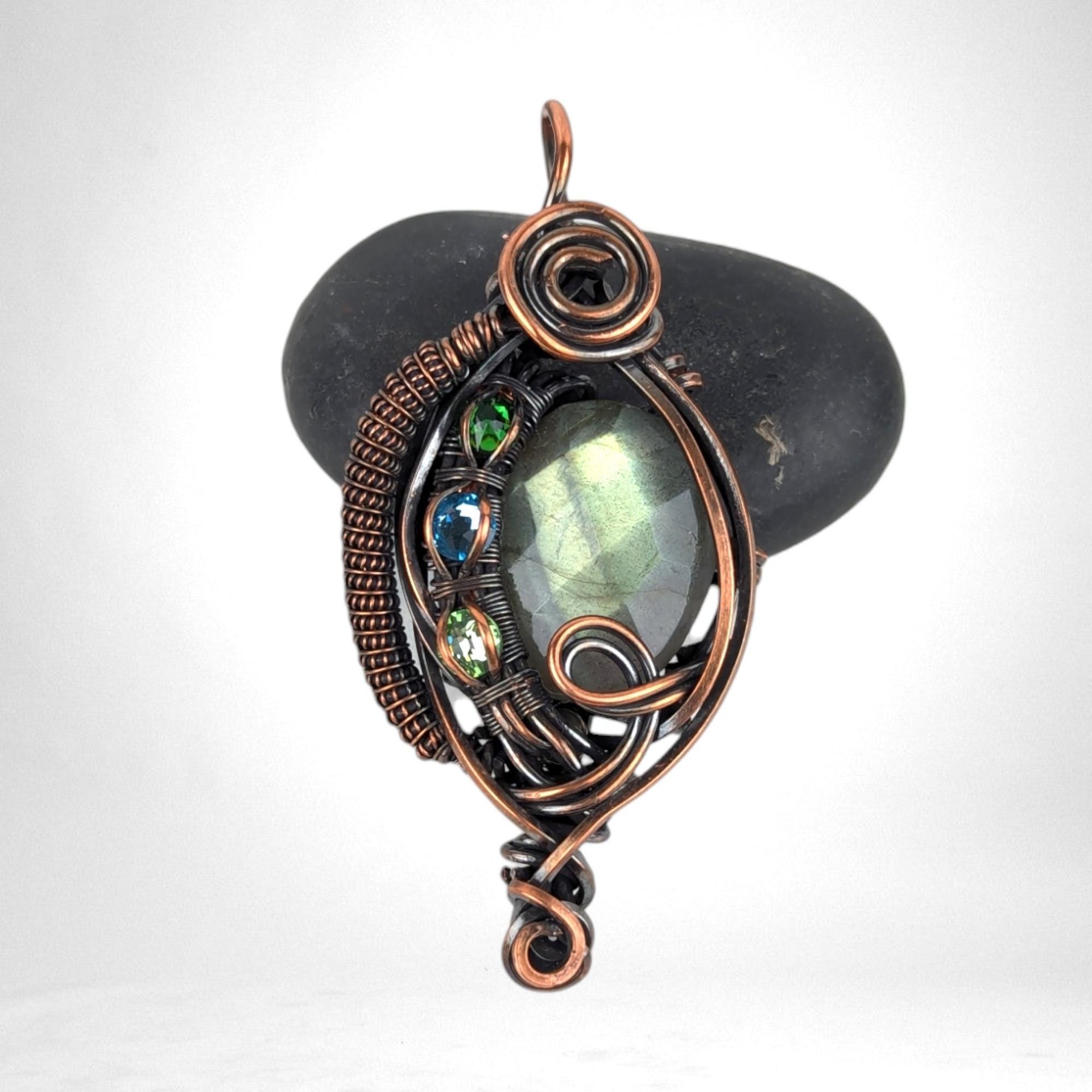 Handmade Copper Wire Wrapped Checkered Labradorite Pendant with Crystals, Unique Crystal Jewelry, Gift Idea