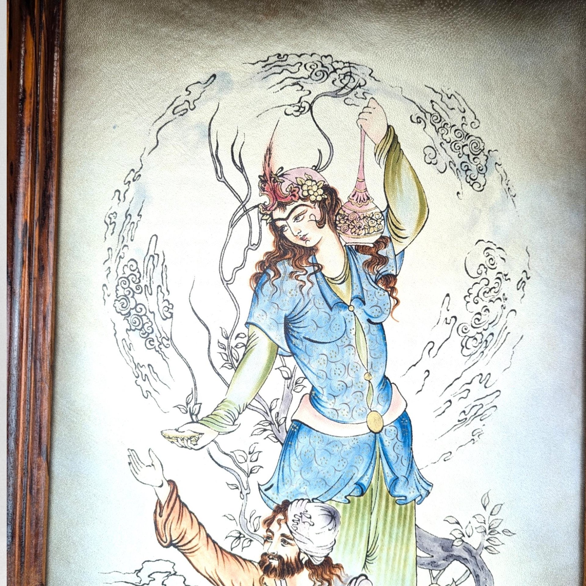 Vintage Framed Persian Painting on Leather | Unique Wall Art | 26.25 x 15"