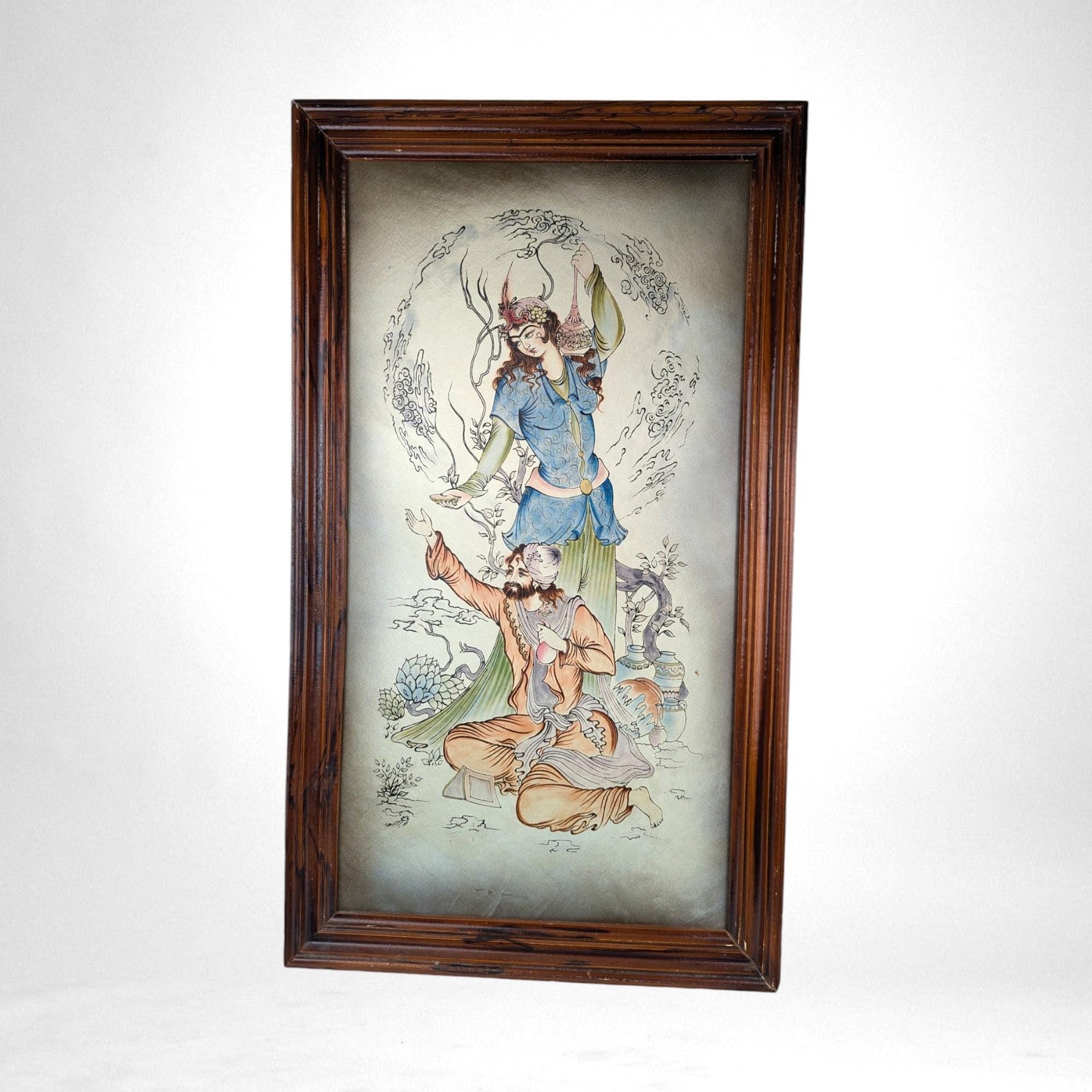 Vintage Framed Persian Painting on Leather | Unique Wall Art | 26.25 x 15"