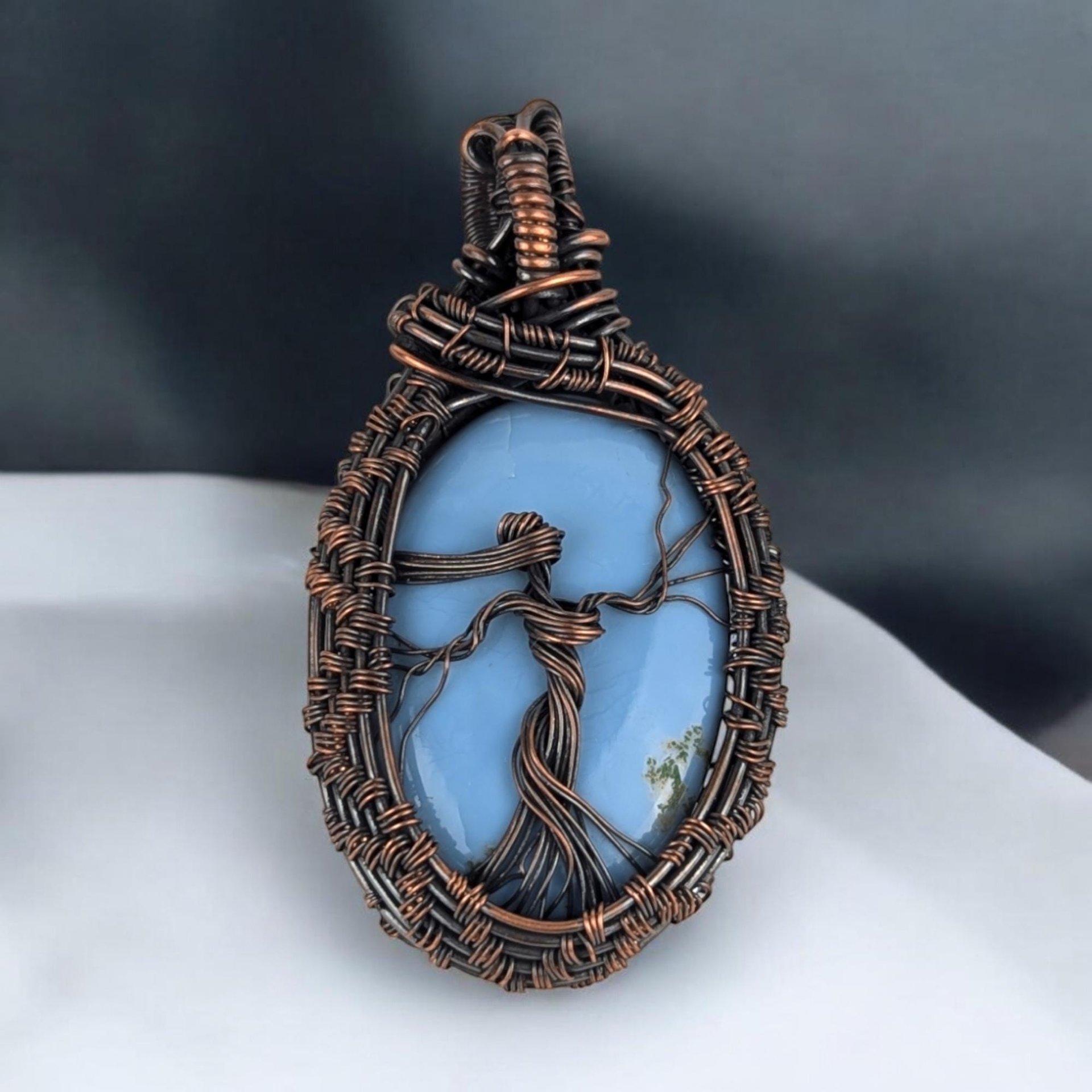 Handmade Copper Wire Wrapped Blue Opal Pendant with Female Figure, Oxidized Finish