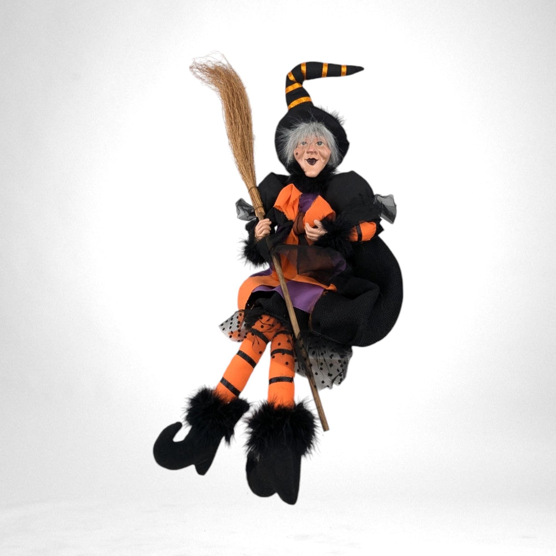 Vintage Witch Doll | Halloween Decor | 26" Hanging Witch | Orange and Black | Dangly Legs