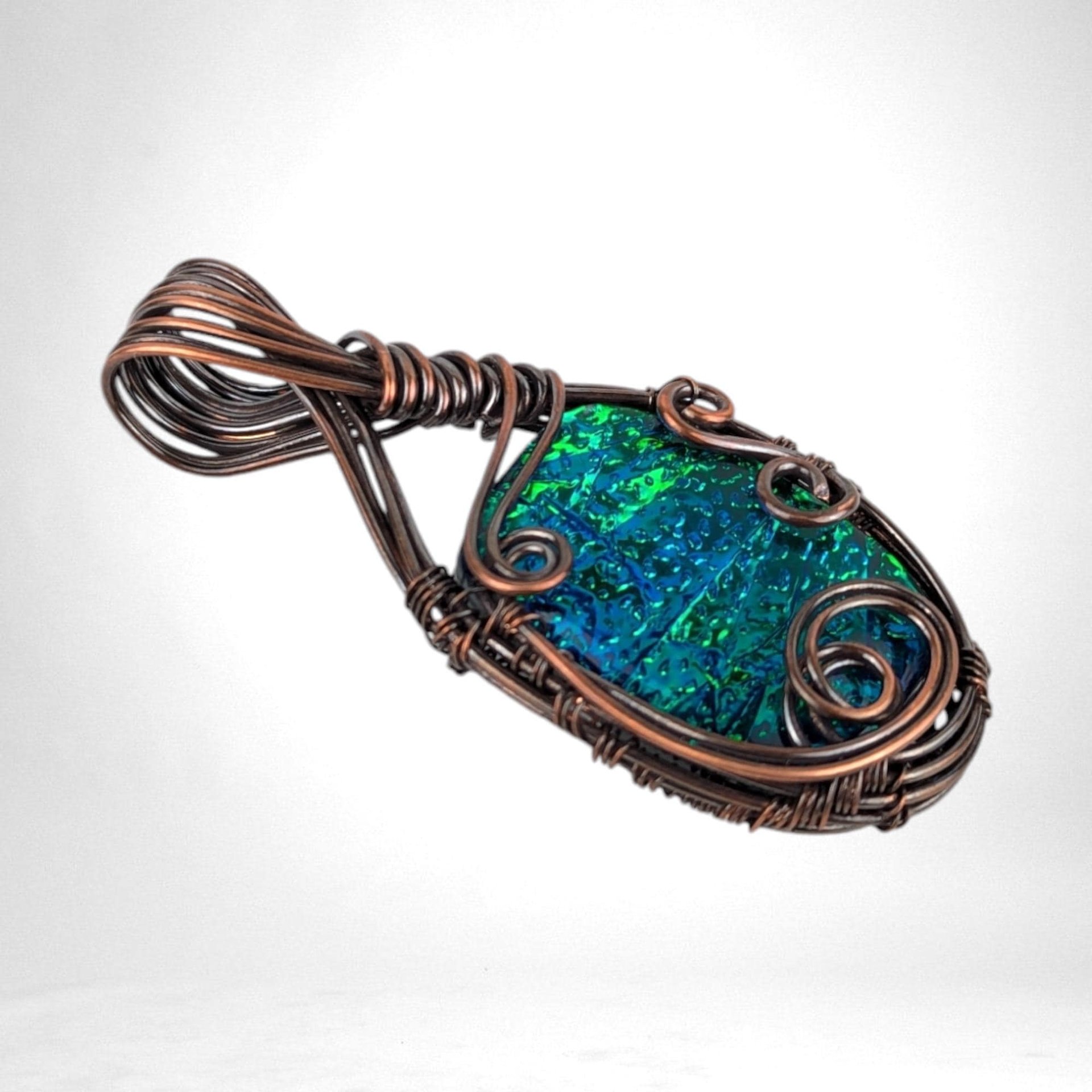 Handmade Copper Wire Wrapped Immitation Opal Glass Pendant, One-of-a-Kind Artisan Jewelry, Antiqued & Polished, Boho Statement