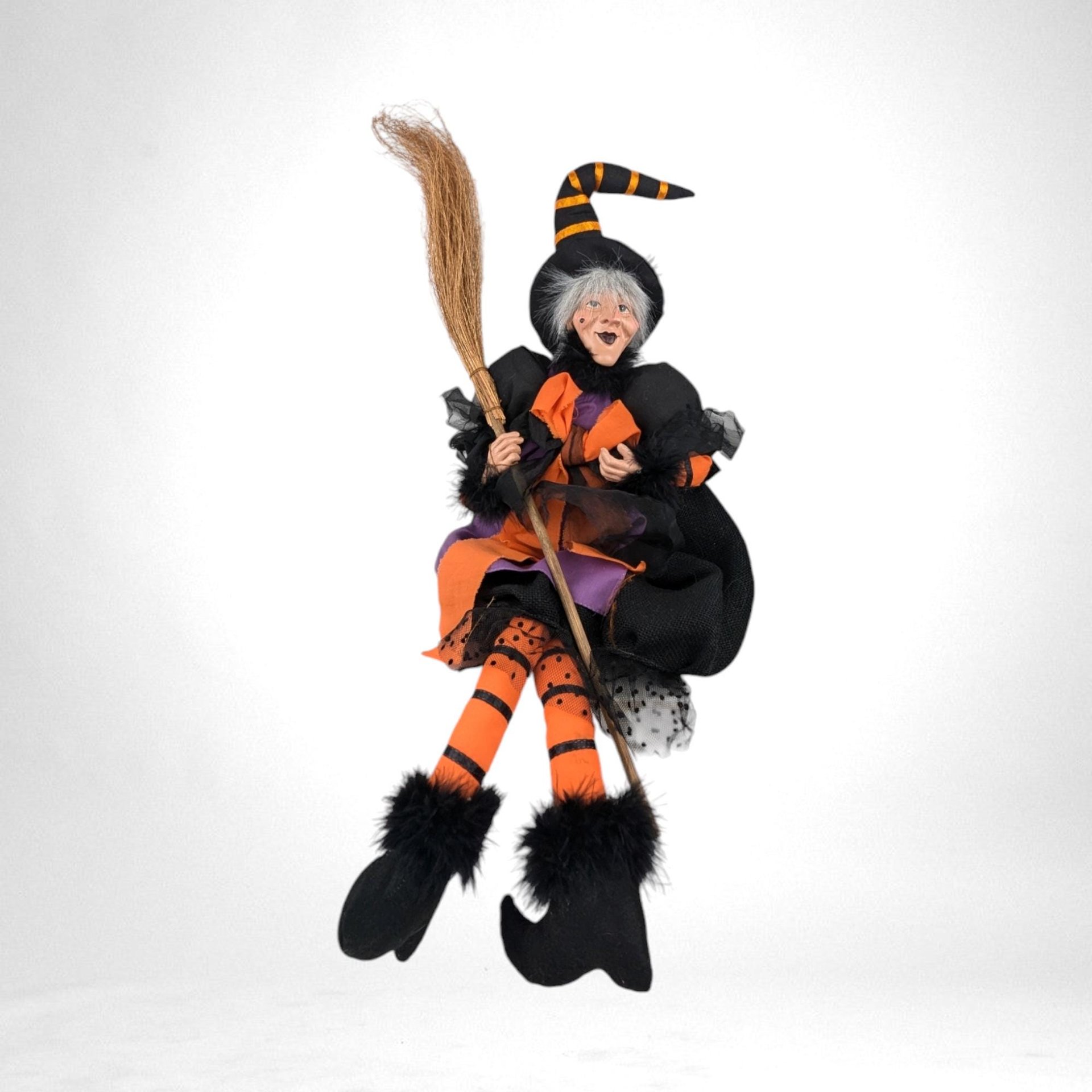 Vintage Witch Doll | Halloween Decor | 26" Hanging Witch | Orange and Black | Dangly Legs