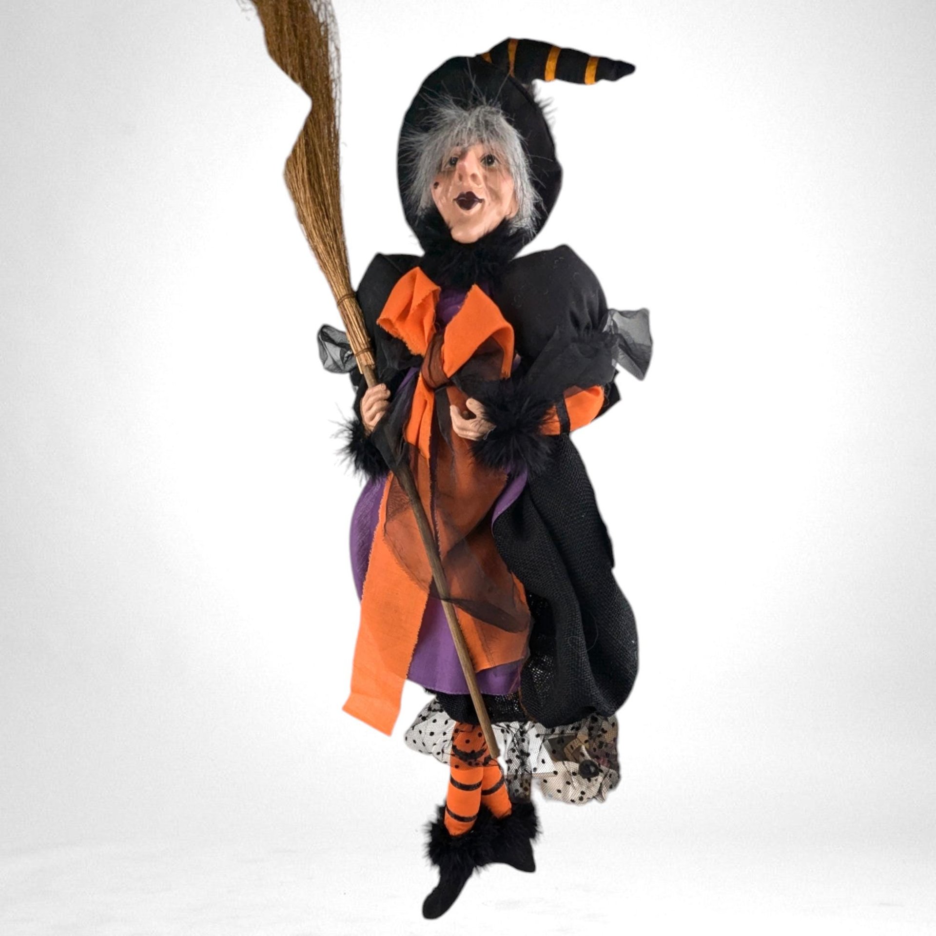 Vintage Witch Doll | Halloween Decor | 26" Hanging Witch | Orange and Black | Dangly Legs