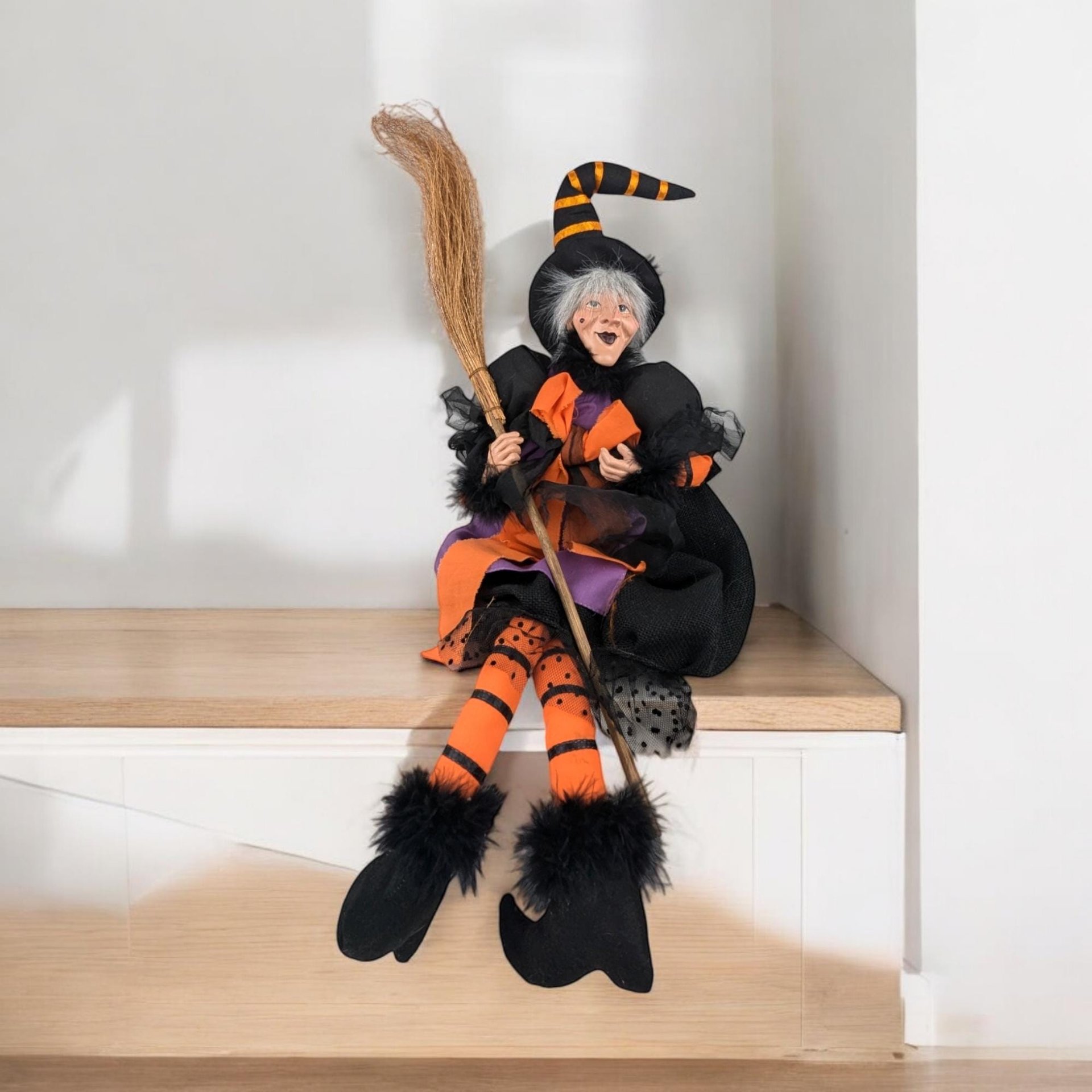 Vintage Witch Doll | Halloween Decor | 26" Hanging Witch | Orange and Black | Dangly Legs