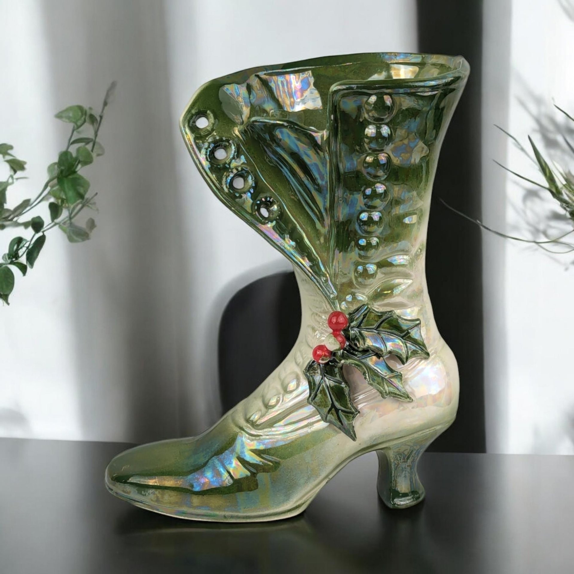 Vintage Iridescent Ceramic Christmas Boot | 7" Tall | Holiday Decor | Collectible | Festive Home Decor | Christmas Gift