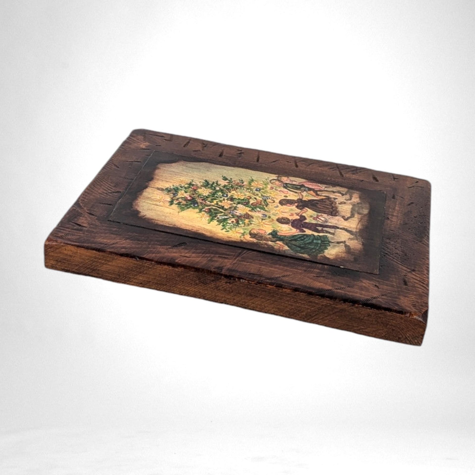 Vintage Wooden Plaque with Christmas Scene | Rustic Holiday Decor | Wall Hanging | 8 1/2" x 6 1/2"