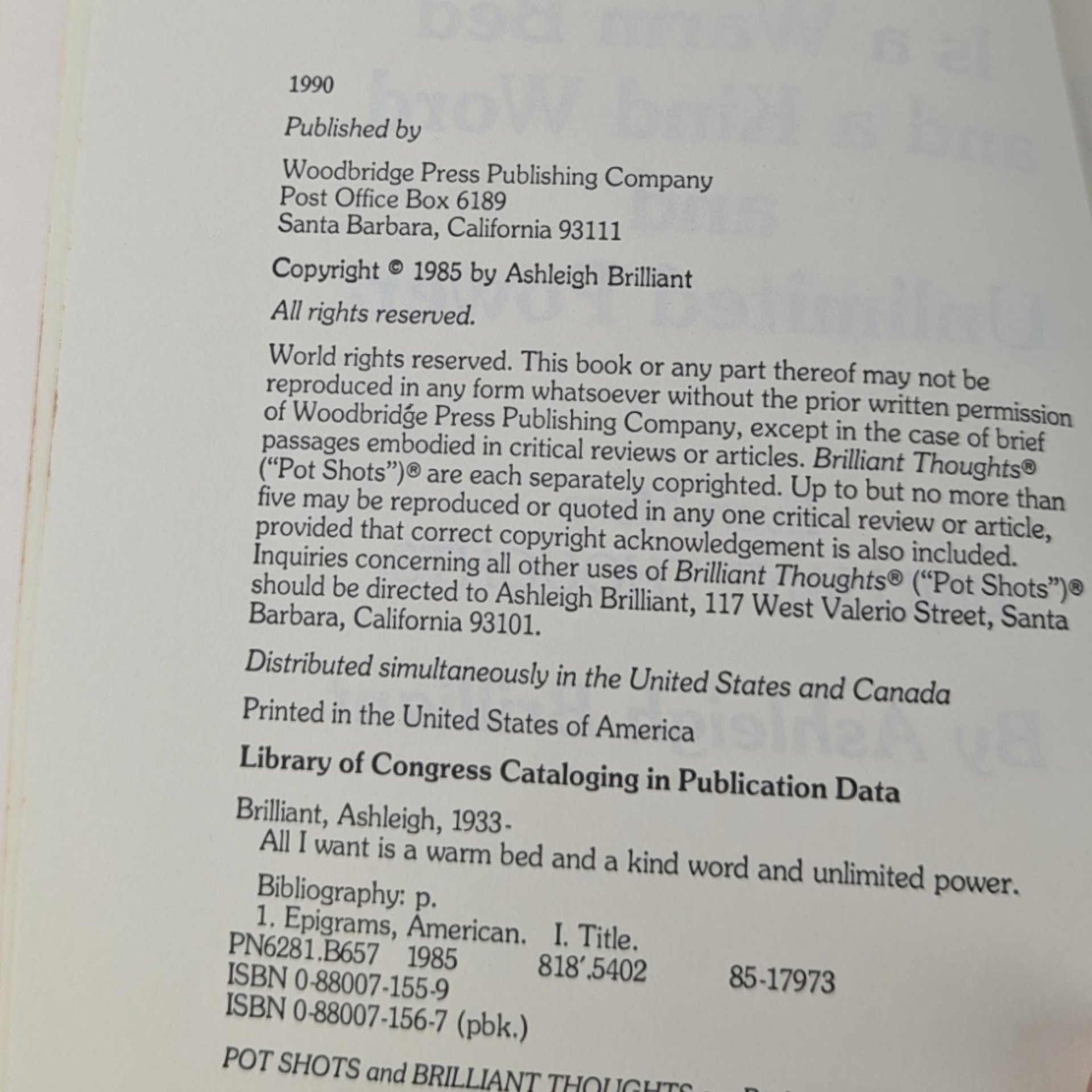 1990 All I Want Is a Warm Bed and a Kind Word, and Unlimited Power by Ashleigh Brilliant, Humor Book, Vintage Paperback