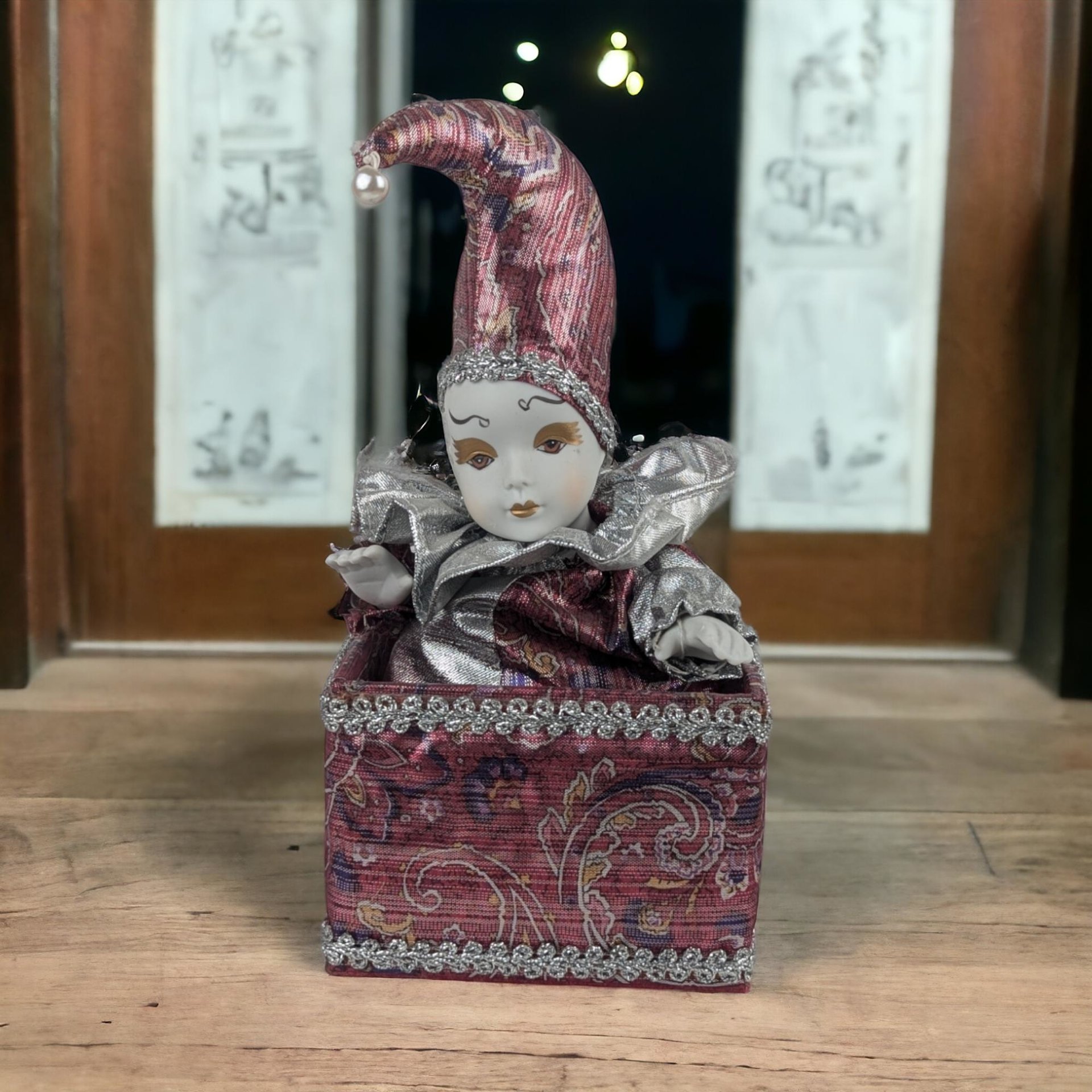 Whimsical Vintage Jester Music Box, Porcelain Face & Hands, 9" Tall, Animated