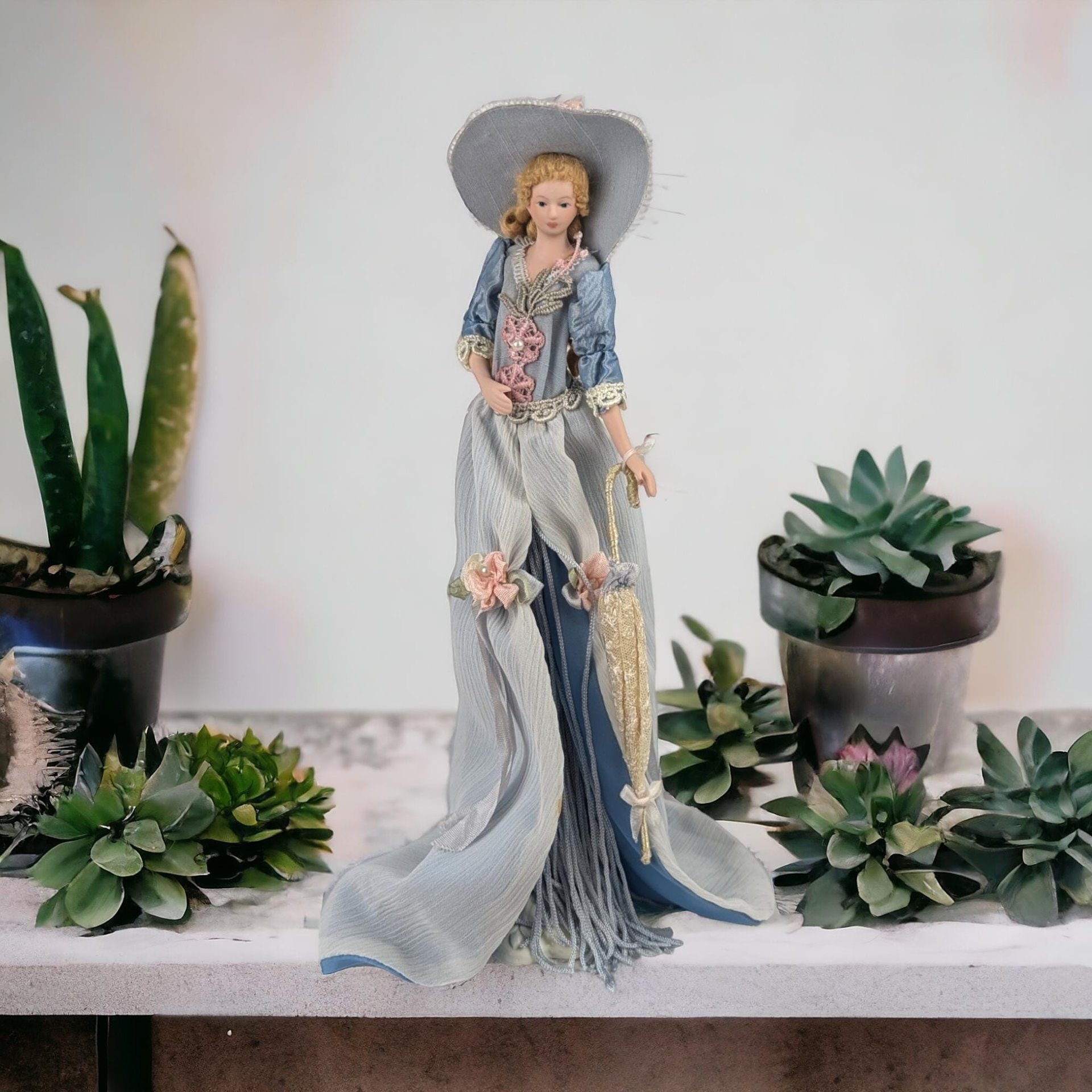 Vintage Porcelain Victorian Tassel Doll, Blue Dress, Umbrella, Hat, Display Doll, Dresser Doll, Gift for Doll Collector