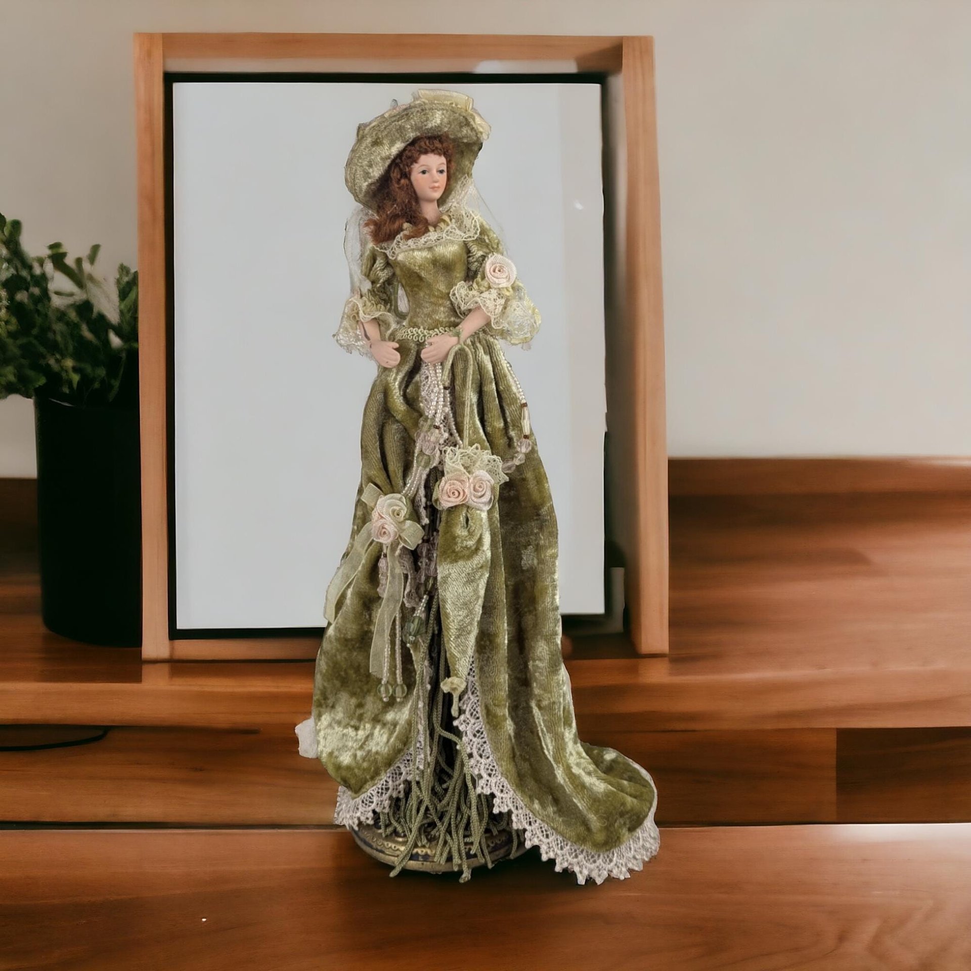 Vintage Porcelain Victorian Tassel Doll with Olive Green Dress and Umbrella - Collectible Figurine for Home Decor, Dresser Decor
