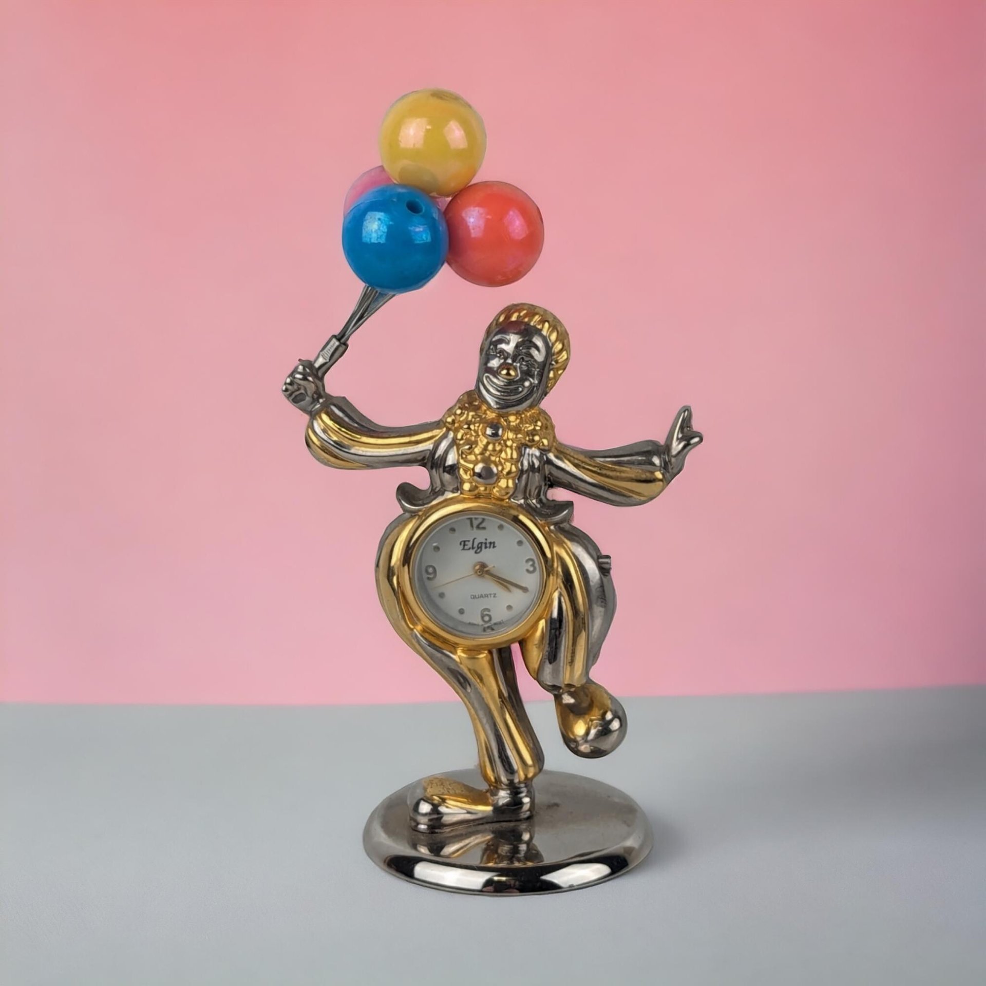 Vintage Elgin Circus Clown Clock with Balloons, Collectible Clown Figurine, Whimsical Desk Clock, Unique Gift for Clown Enthusiasts, 4"