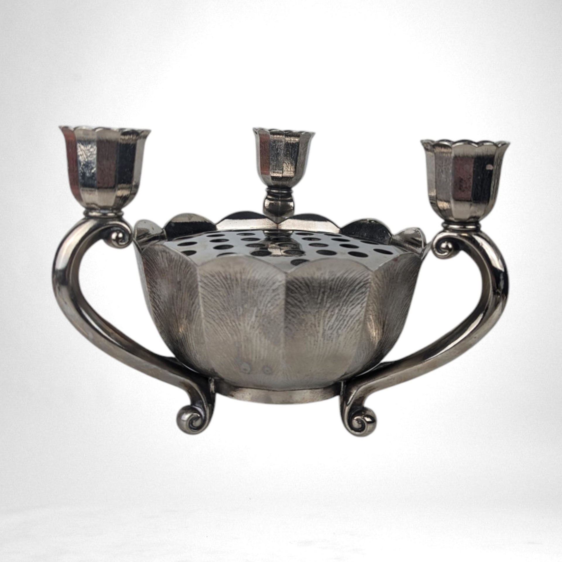 Pair of Vintage Italian Silver Tone Flower Bowl Candle Holder Centerpiece with Flower Frog