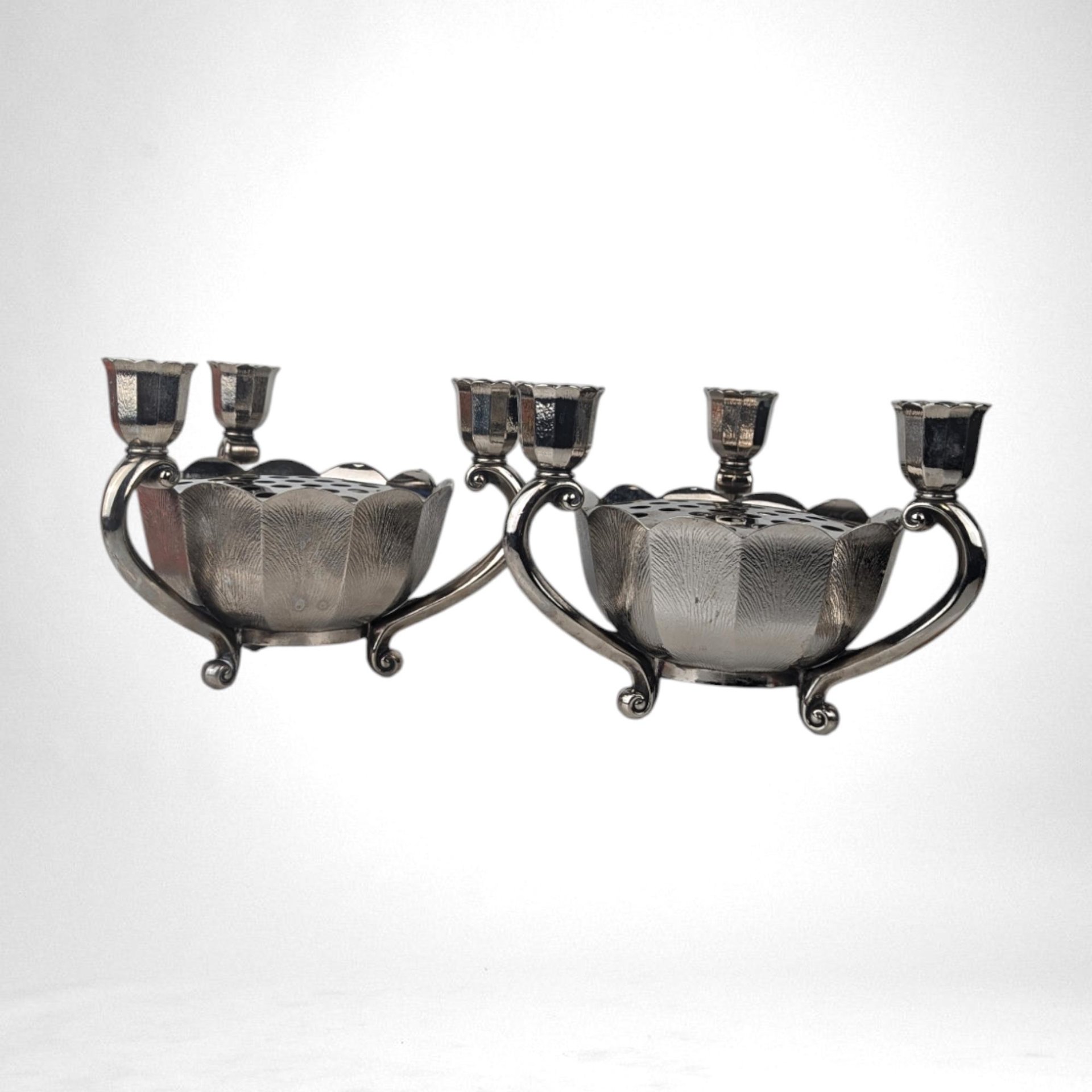 Pair of Vintage Italian Silver Tone Flower Bowl Candle Holder Centerpiece with Flower Frog