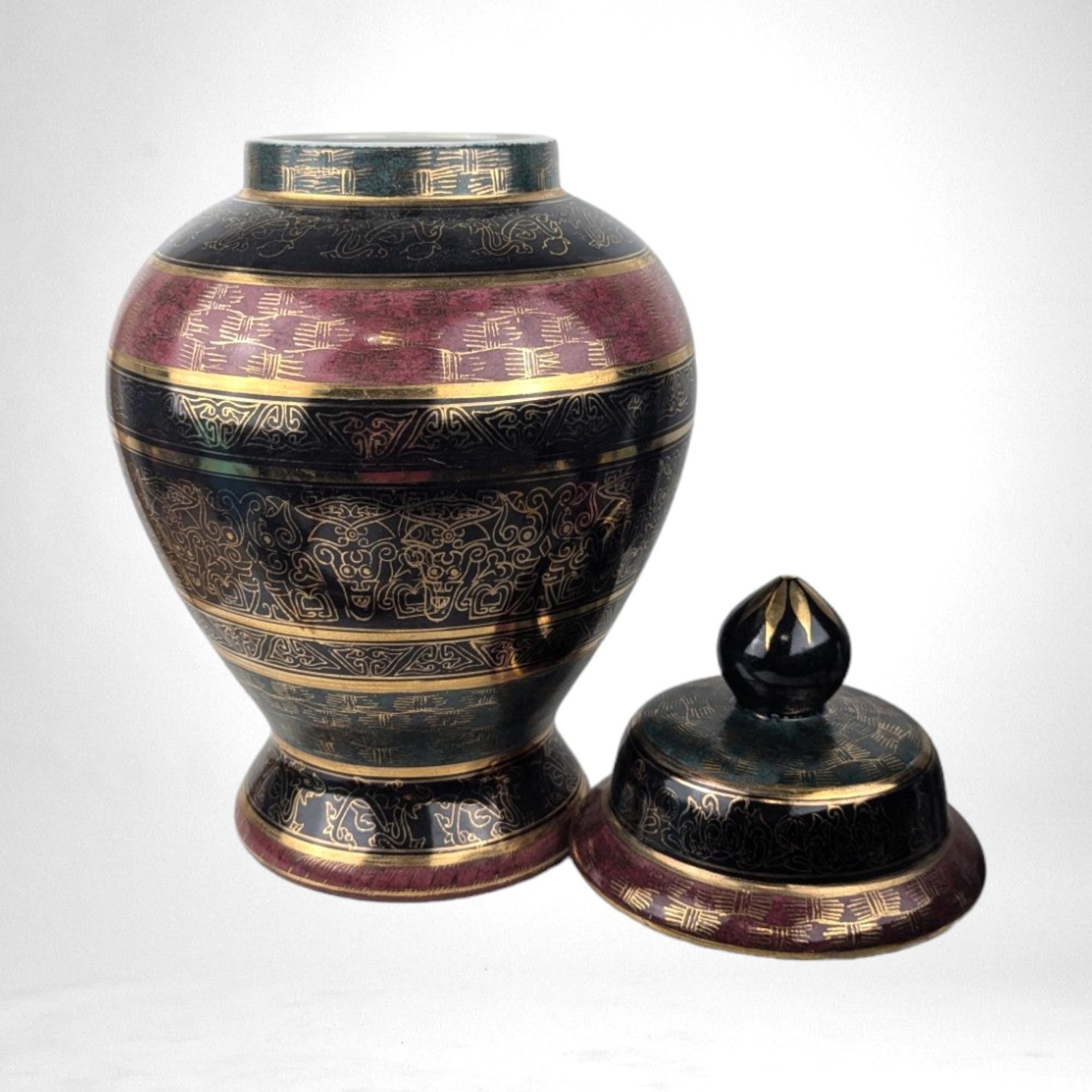 Vintage Andrea by Sadak Ginger Jar, Black and Red Porcelain Urn,  Gold Gilding, Decorative Jar with Lid,  Home Decor