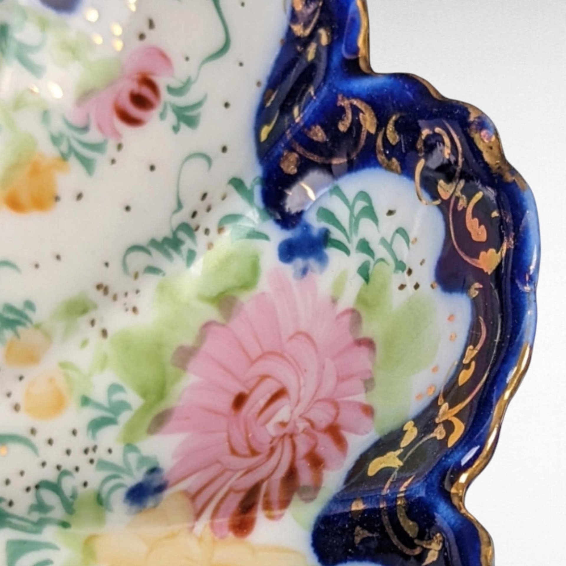 Vintage Hand-Painted Porcelain Bowl, Scalloped Floral Bowl, Cobalt Blue and Gold Trim, Decorative Bowl, Candy Dish