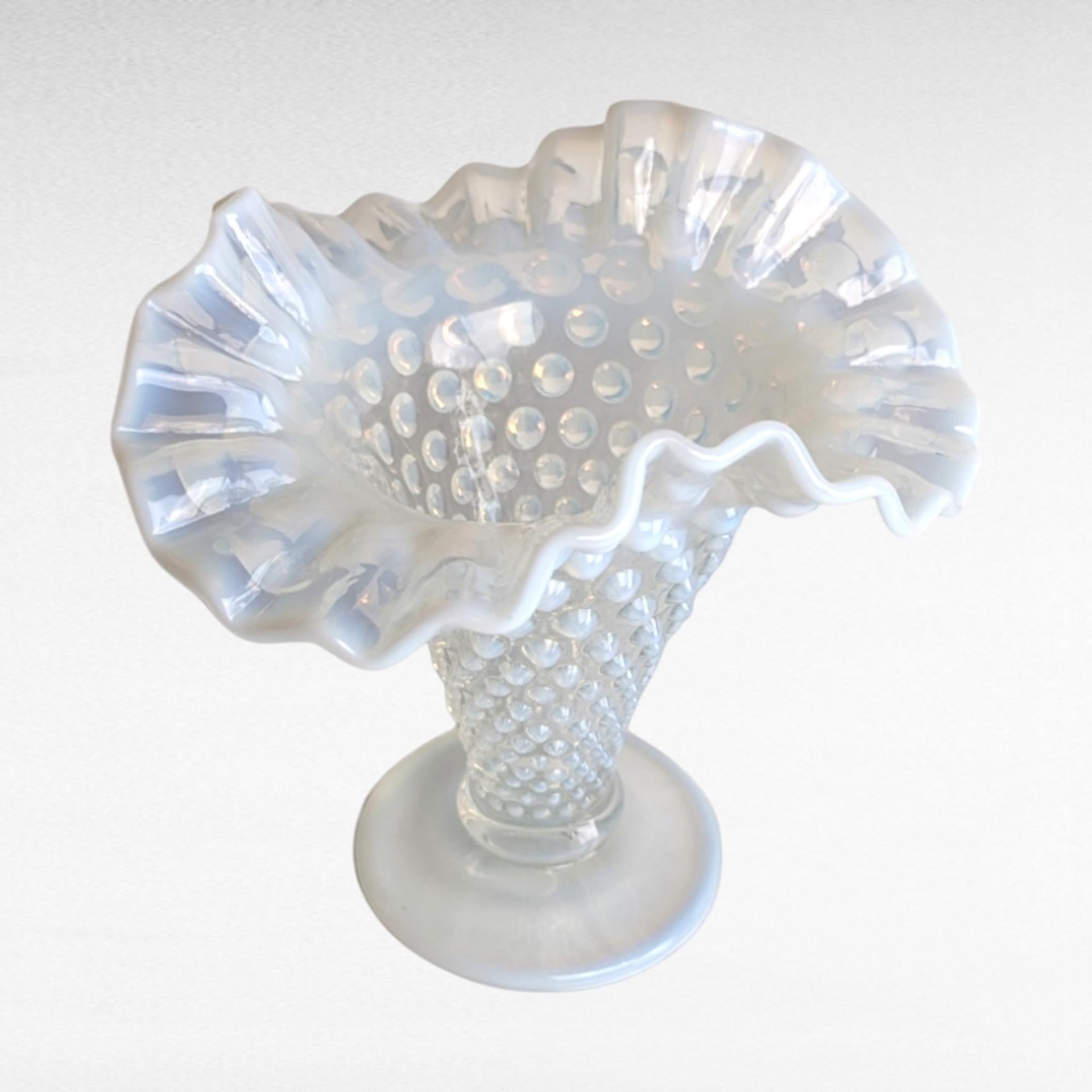 Vintage Fenton Moonstone Hobnail Vase | Opalescent Milk Glass | Ruffled Vase | Vintage Glassware | 5.5 Inches