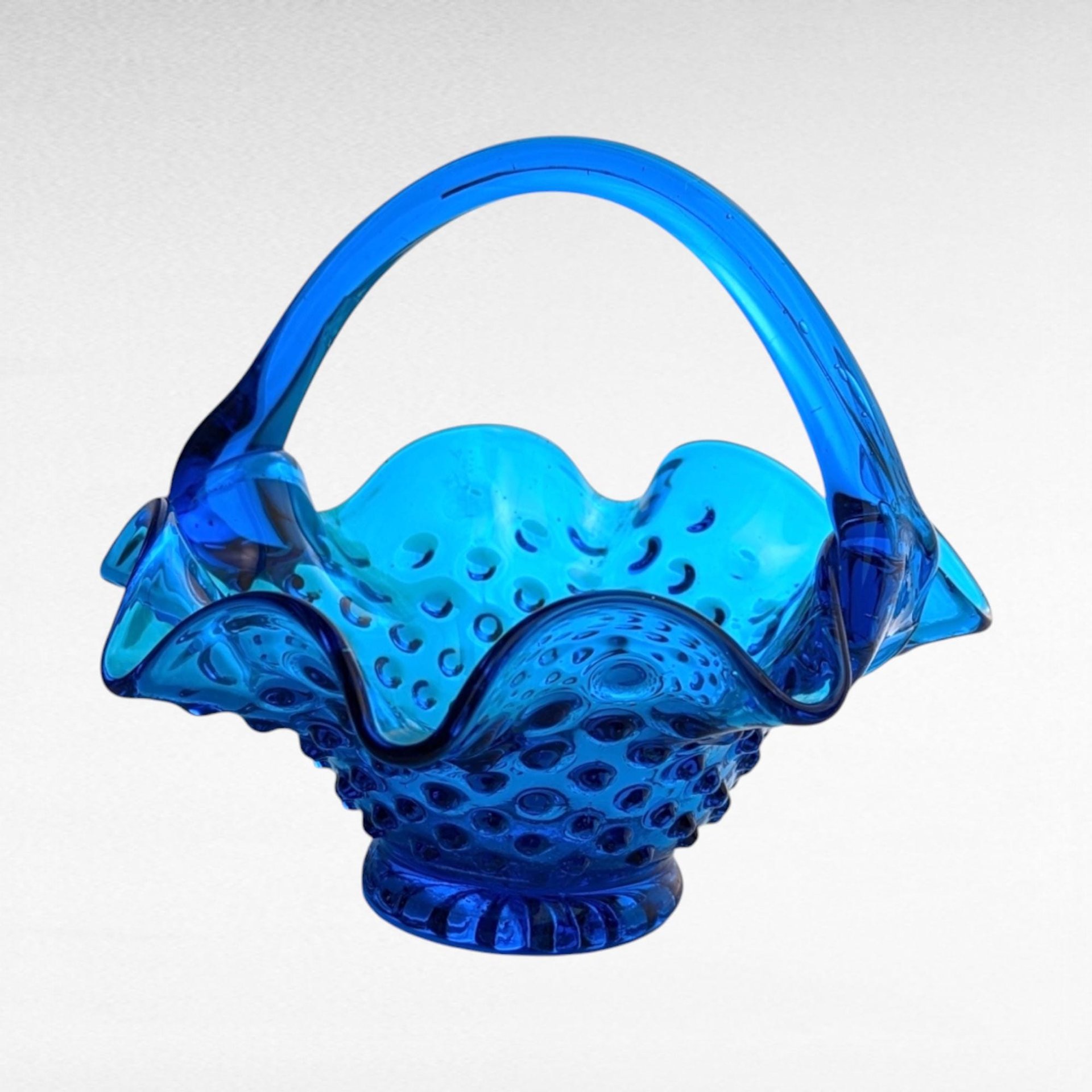 Fenton Blue Hobnail Glass Basket | Vintage Candy Dish | Ruffled Edge | Collectible Glassware