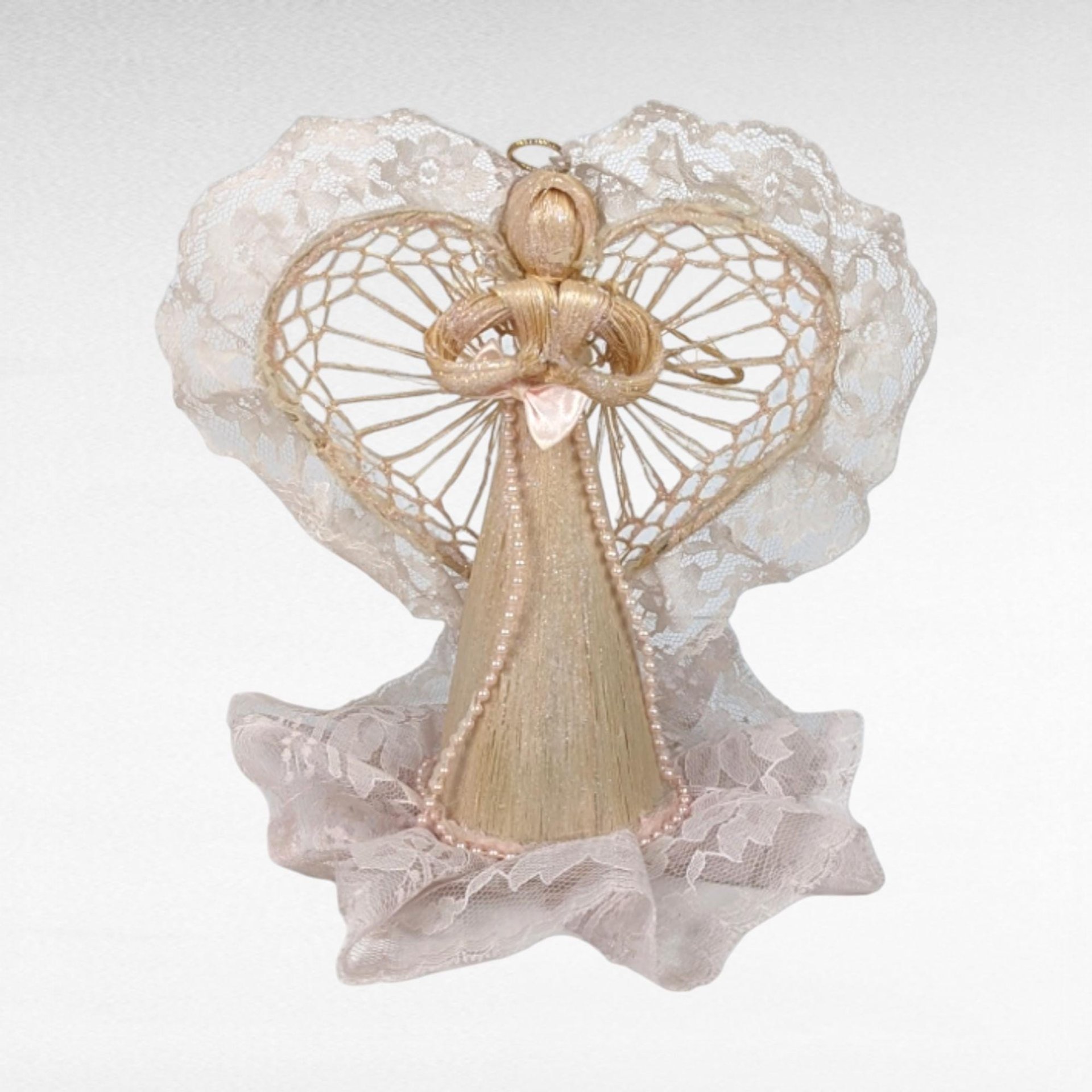 Collection of 5 Vintage Fiber Angels, Handmade Christmas Ornaments, Rustic Angel Decor, Lace and Straw Angels