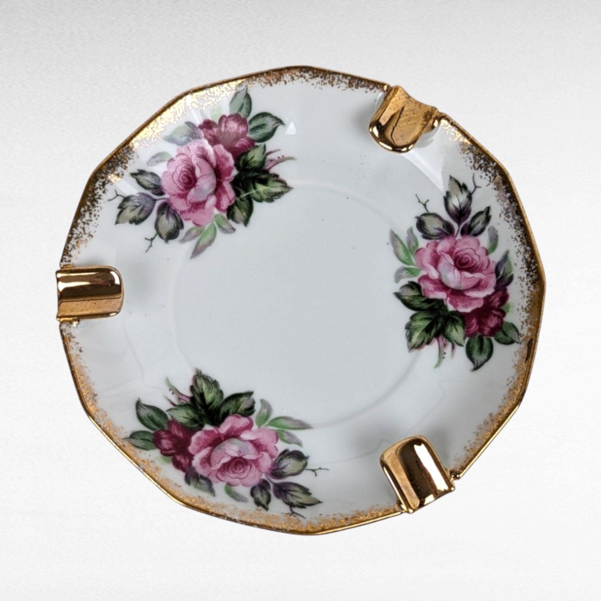 Vintage Victoria Ceramics Ashtray and Cup Set, Pink Roses, Gold Accents, Porcelain, Collectible, Vanity Set