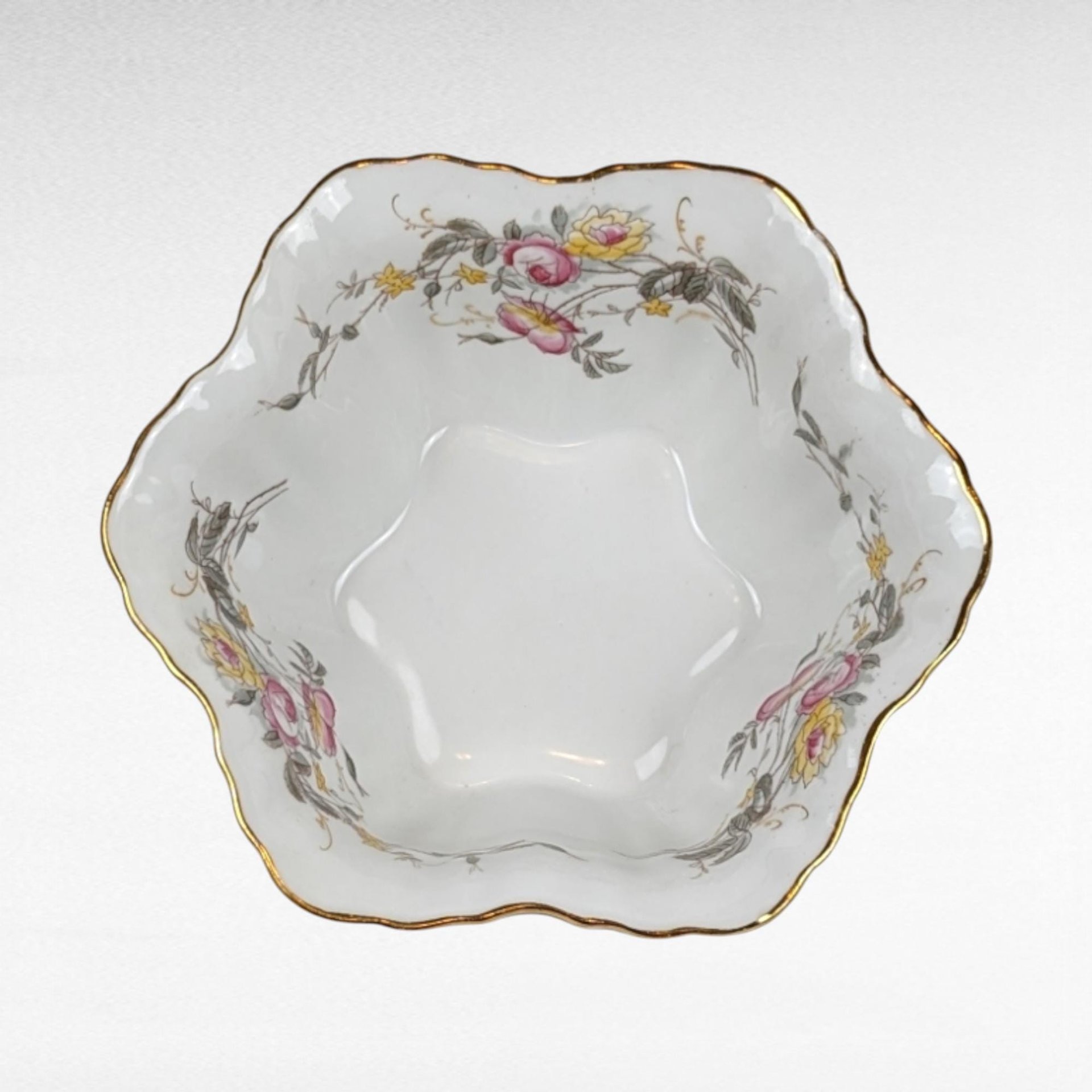 Vintage German Porcelain Serving Bowl, Floral Design, Gold Rim, 8 Inches Wide, White with Pink and Yellow Roses