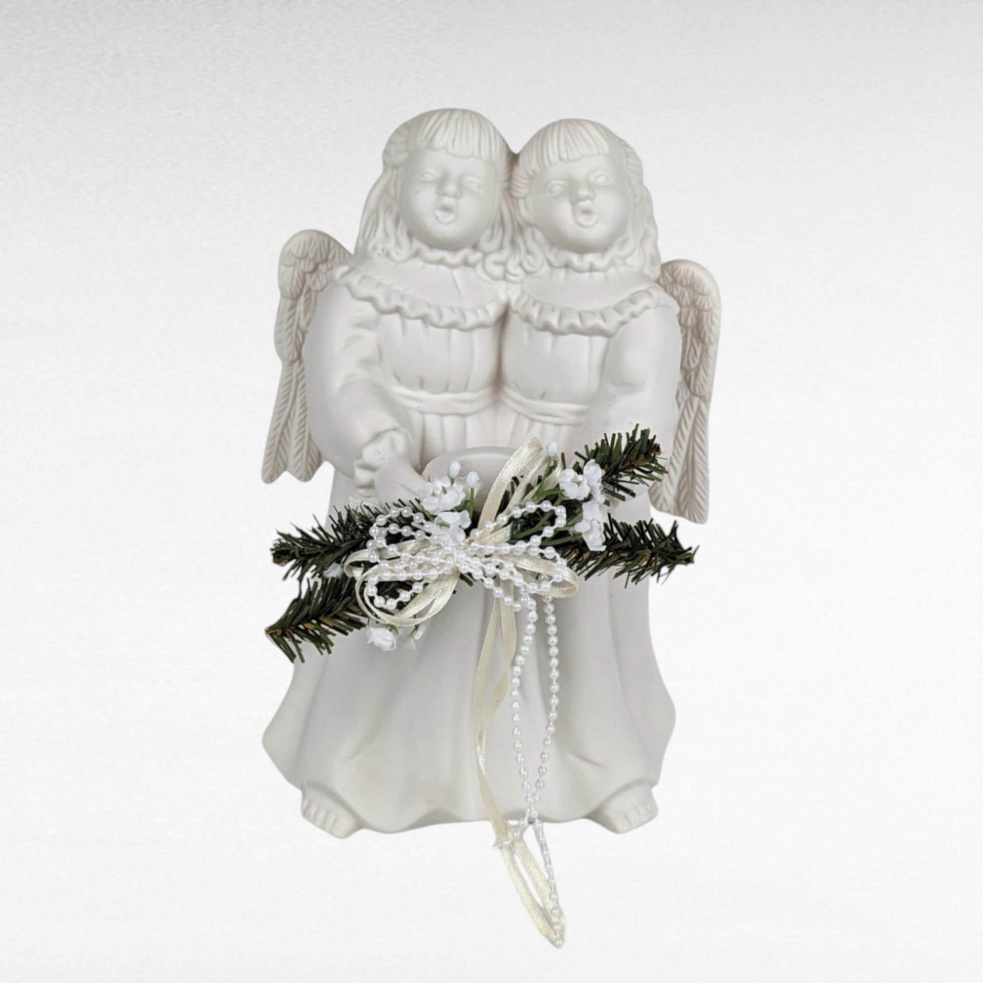 Vintage 1997 Growth Singing Angels Bisque Porcelain Taper Candle Holder - 9 Inches