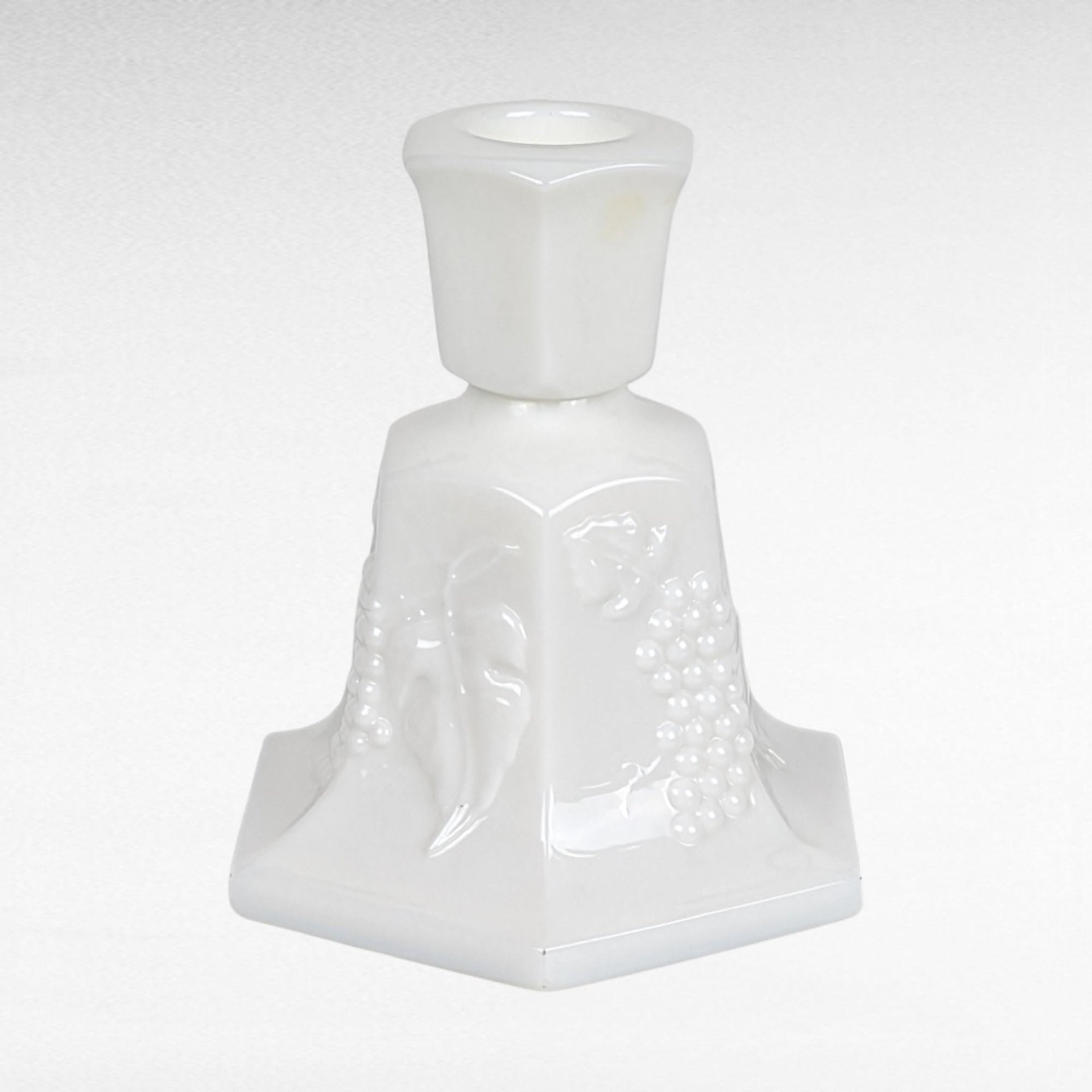 Vintage Fostoria Milk Glass Candle Holders, Pair, Grape Pattern, 4.25 Inches - Mid-Century Modern