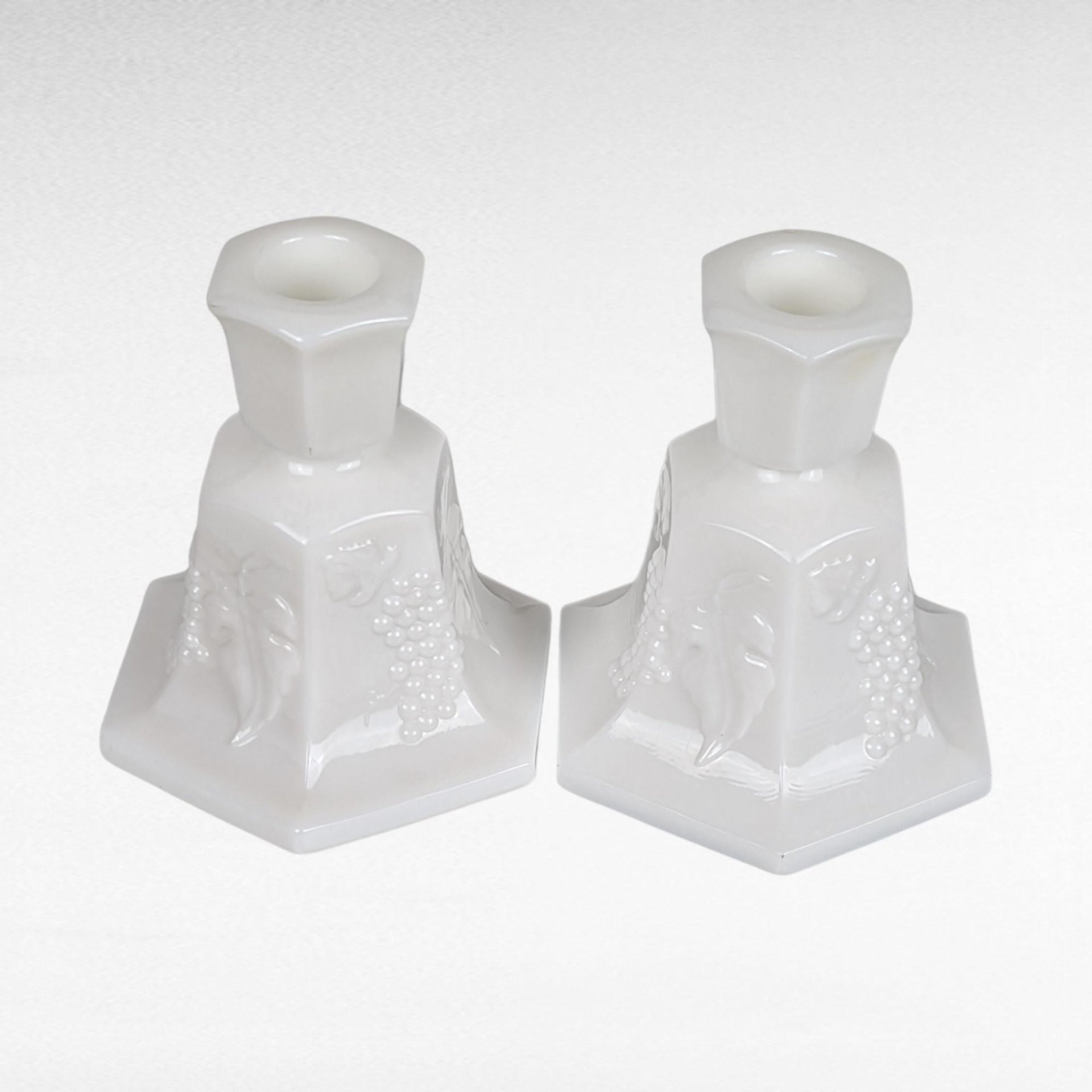 Vintage Fostoria Milk Glass Candle Holders, Pair, Grape Pattern, 4.25 Inches - Mid-Century Modern