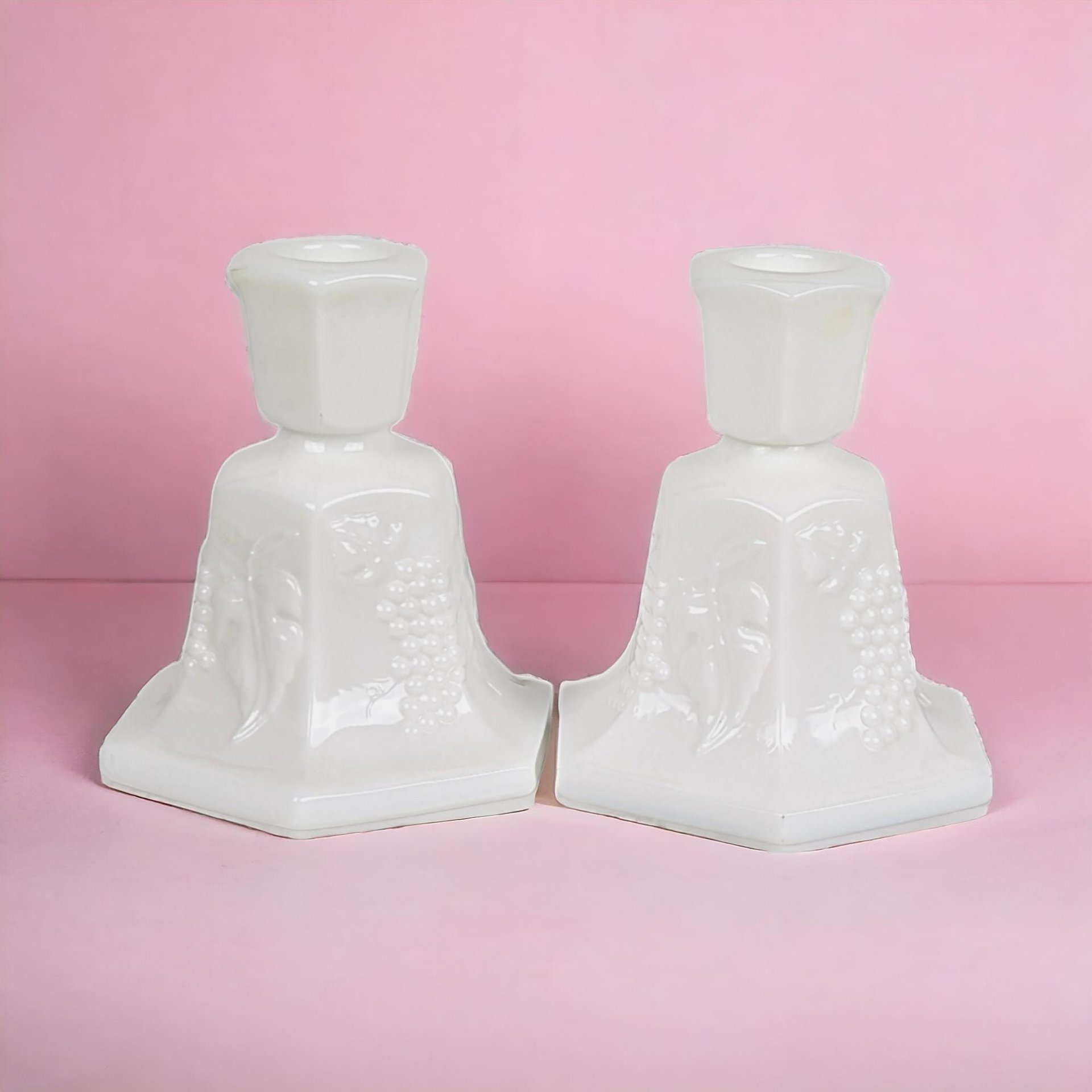 Vintage Fostoria Milk Glass Candle Holders, Pair, Grape Pattern, 4.25 Inches - Mid-Century Modern